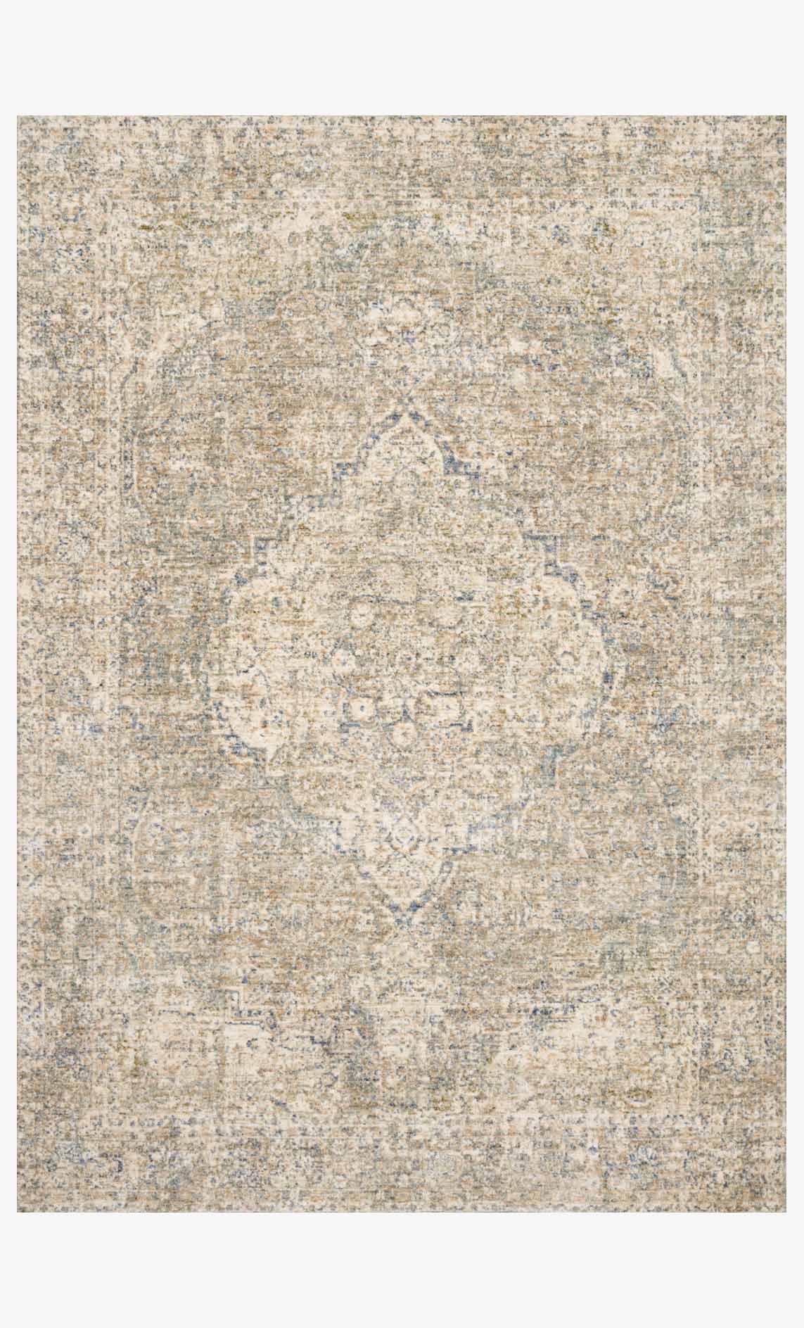 Traditional power-loomed rug with beige and blue medallion pattern, bordered design
