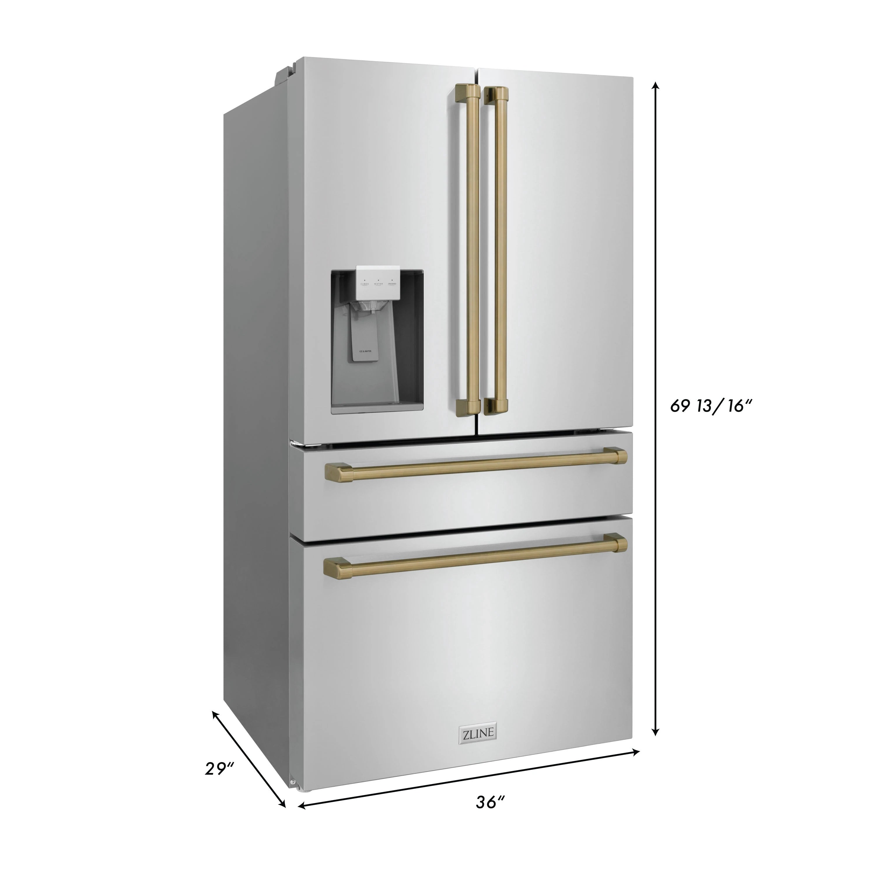 White refrigerator with champagne bronze handles and water dispenser, with size outline.