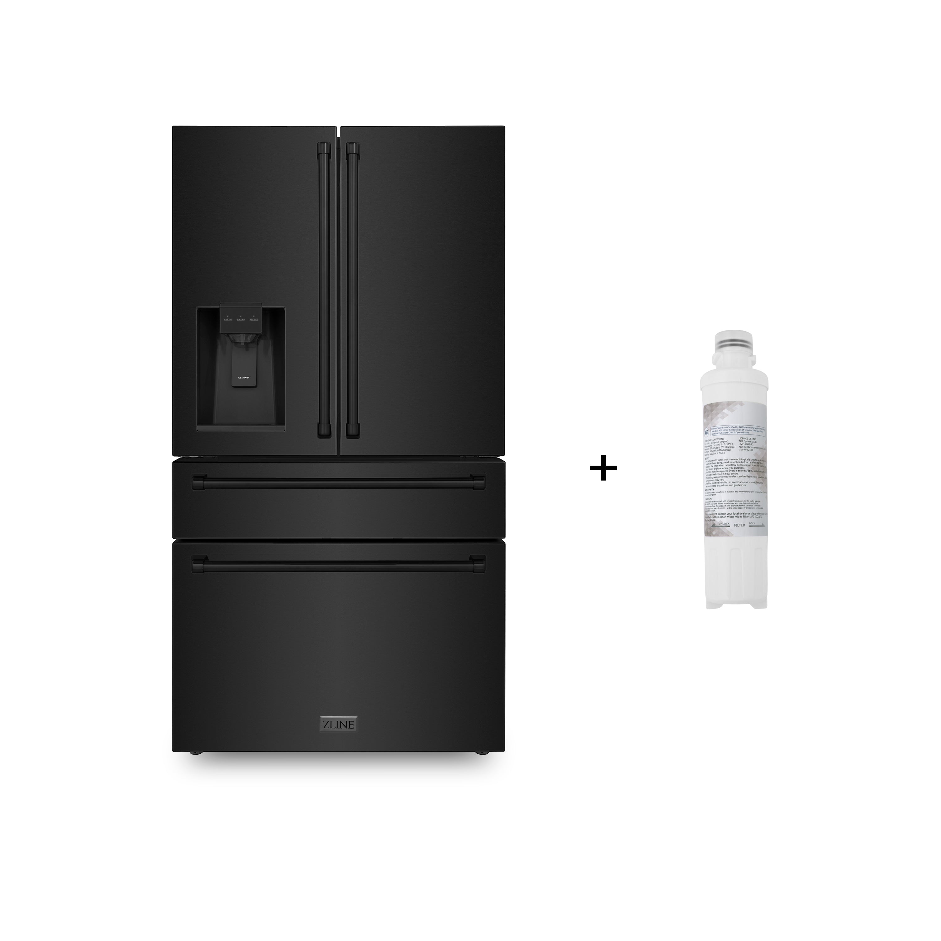 Black stainless French-door refrigerator with water and ice dispenser, plus water filter