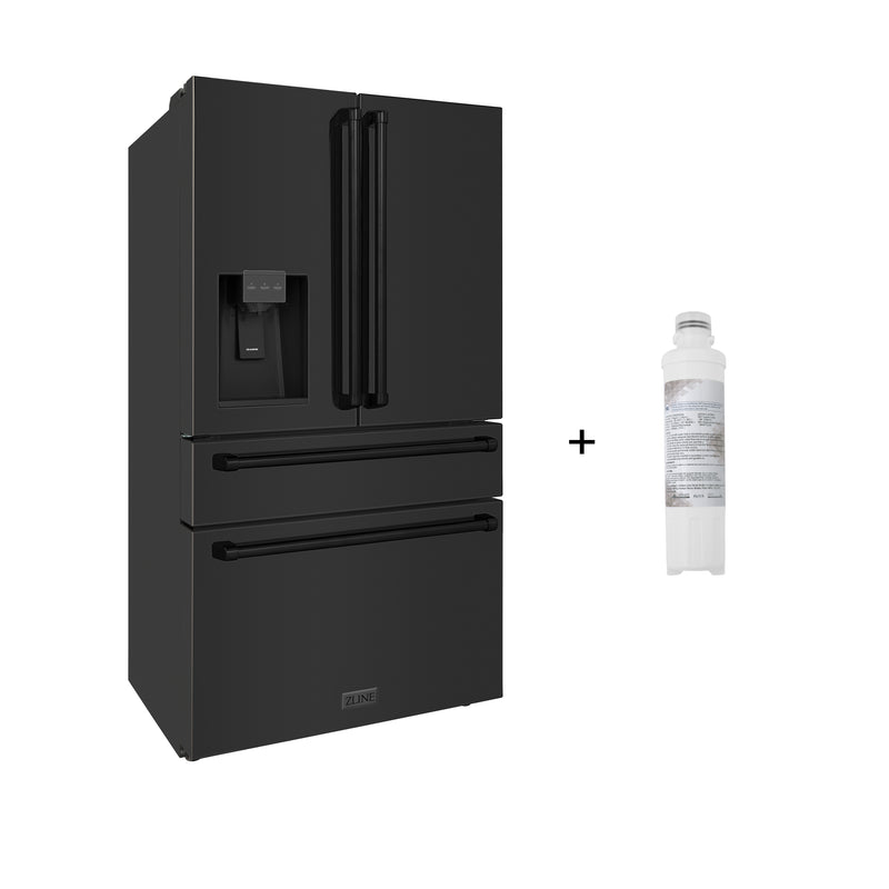 ZLINE 36-Inch 21.6 cu. ft. 4-Door French Door Refrigerator with Water and Ice Dispenser and Water Filter in Fingerprint Resistant Black Stainless Steel (RFM-W-WF-36-BS)
