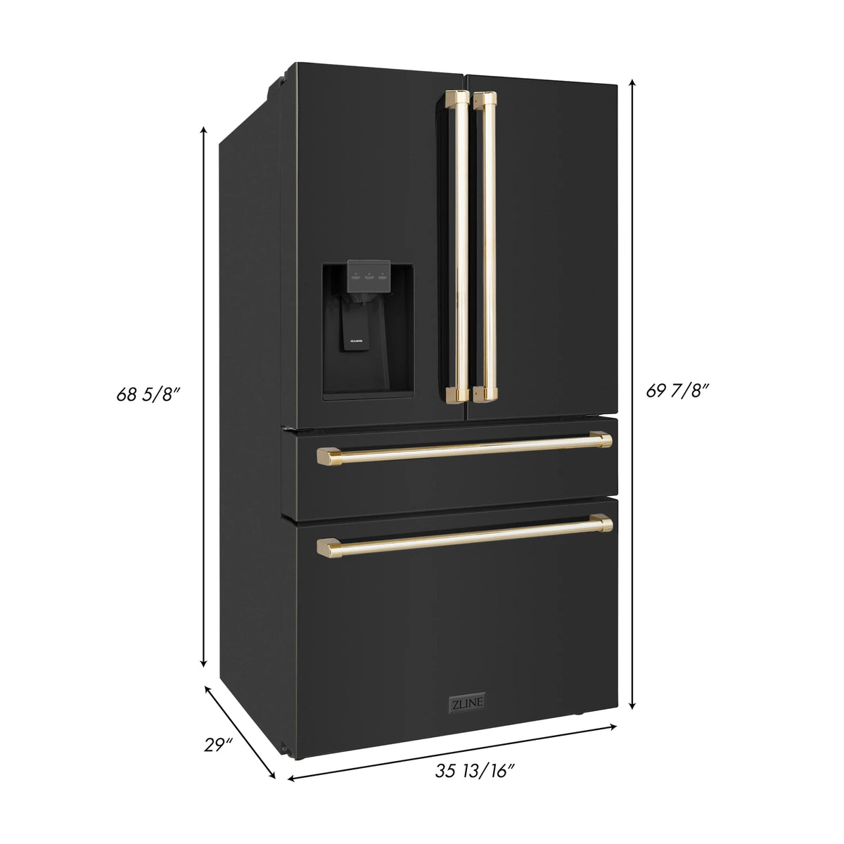 Black stainless refrigerator dimensions diagram with gold handle accents