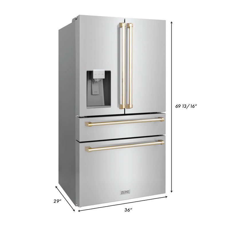 ZLINE Autograph Edition 4-Piece Appliance Package - 48-Inch Stainless Steel Gas Range, Refrigerator with Water Dispenser, Wall Mounted Range Hood, & 24-Inch Tall Tub Dishwasher in White Matte and Gold Accents (4AKPR-RGWMRHDWM48-G)