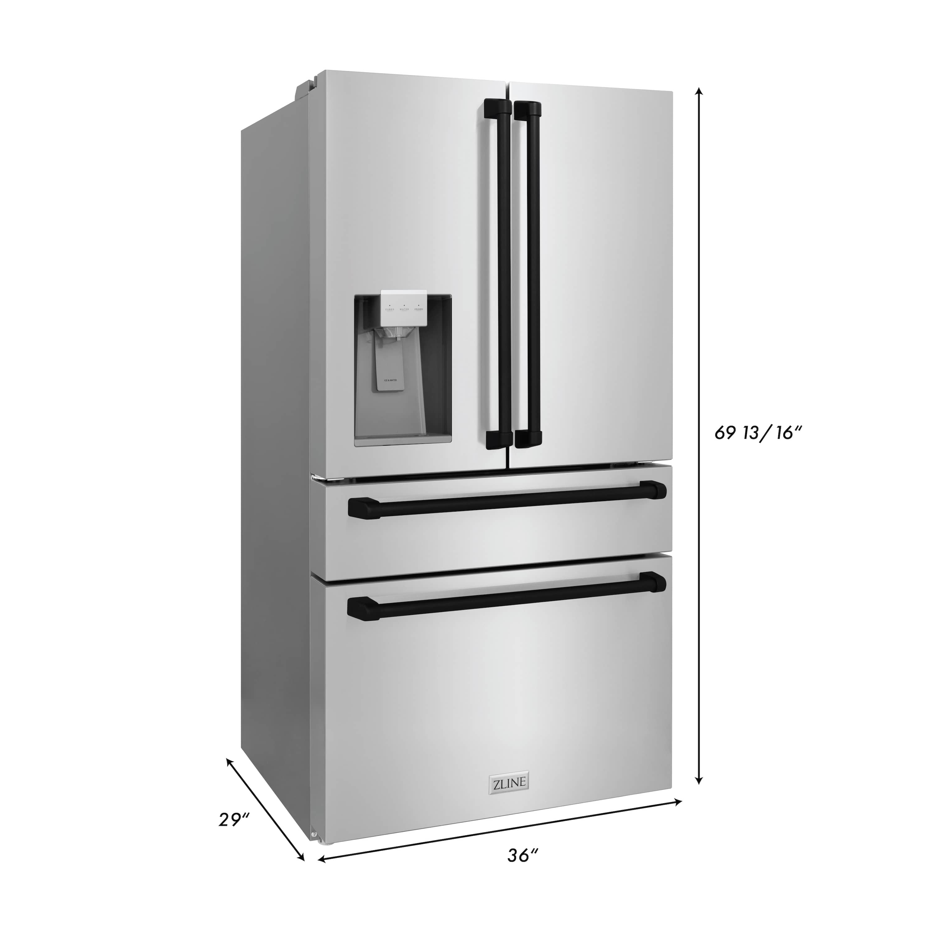 White refrigerator with black side handles and in-door water dispenser