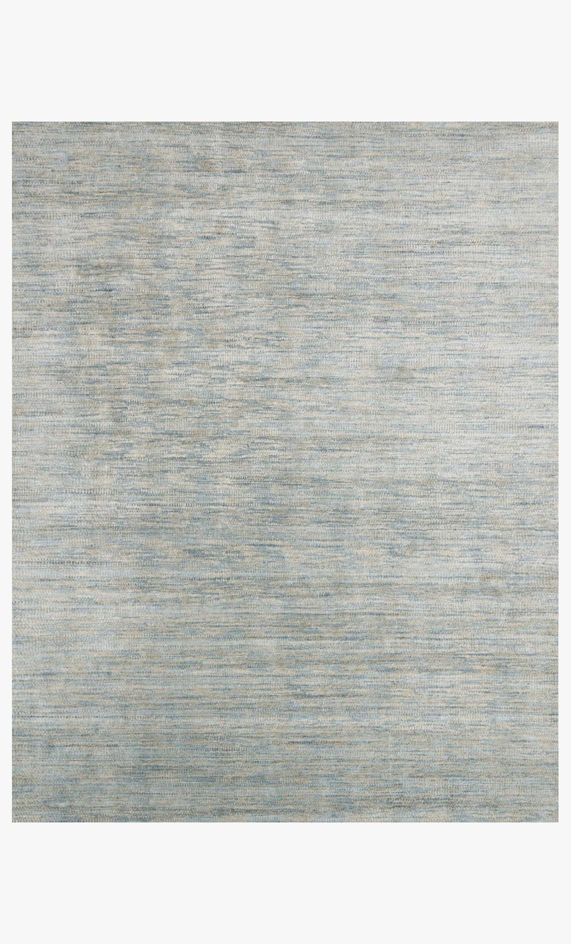 Mist-blue hand-loomed rug with subtle horizontal linear texture and flat border
