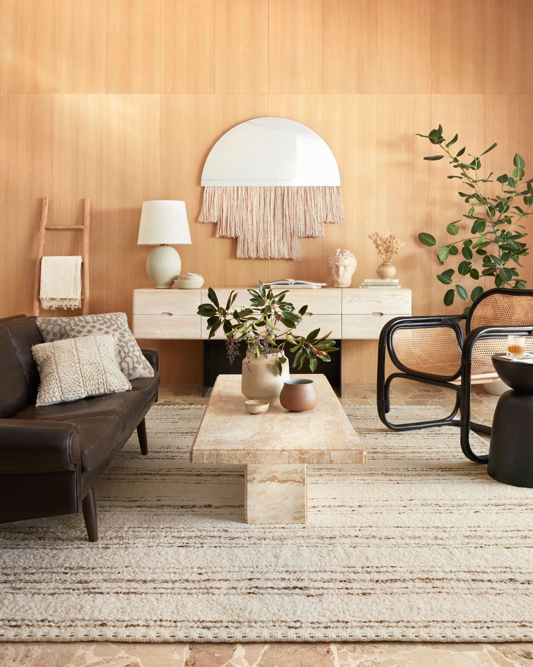 Ivory and pebble rug with low-pile horizontal stripe pattern and stitched edge