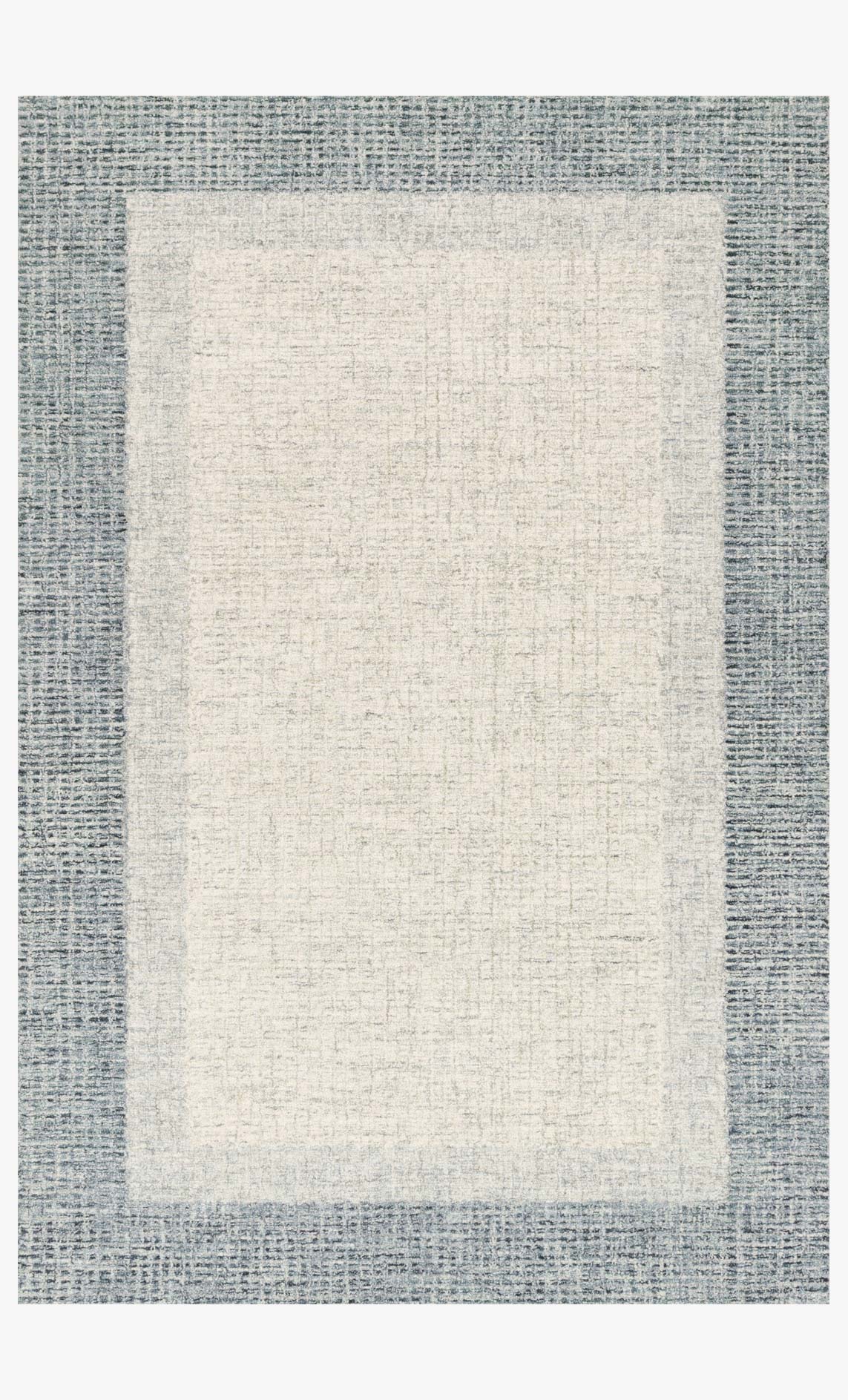 Hand-tufted area rug with light center panel in grey and blue, bordered pattern