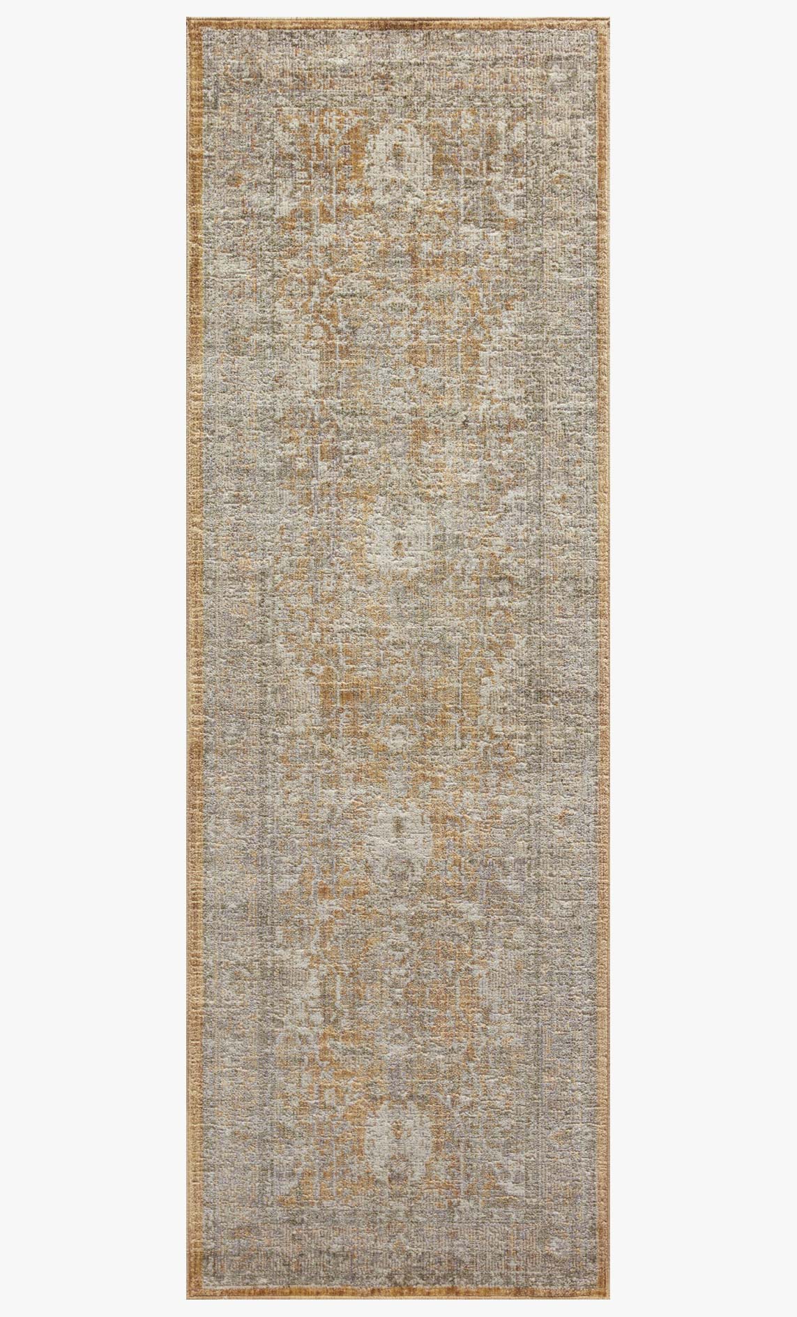 Vertical view of gold and sand area rug with distressed medallion-style pattern
