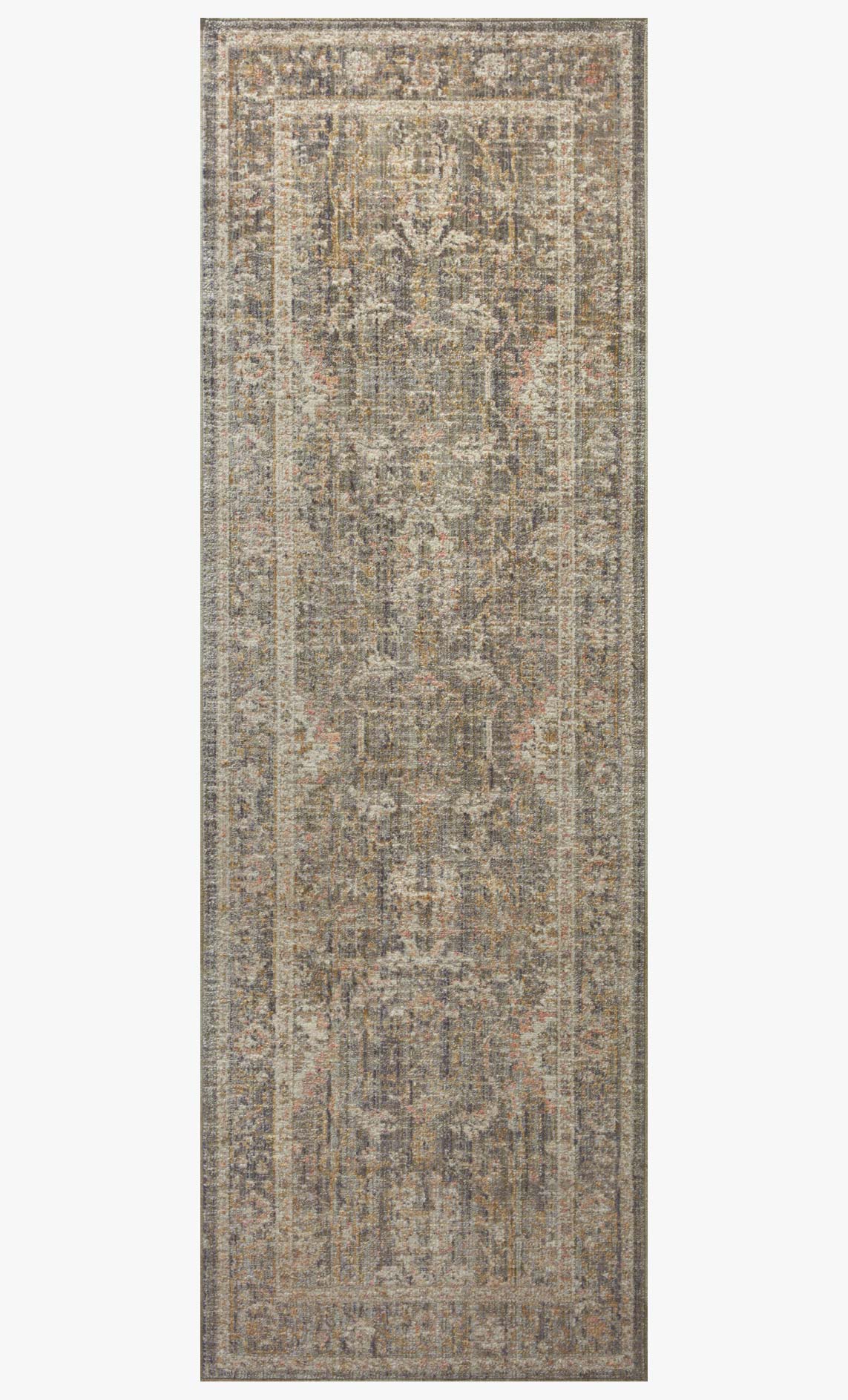 Rectangular traditional rug with vertical distressed motifs in sage, blush, and ivory.