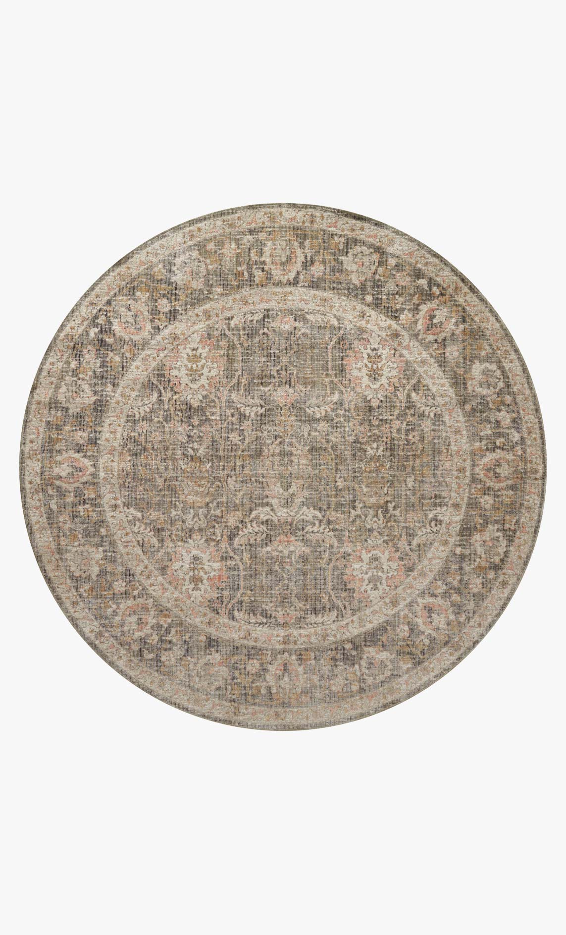 Round sage and blush rug with distressed ornate medallion pattern.