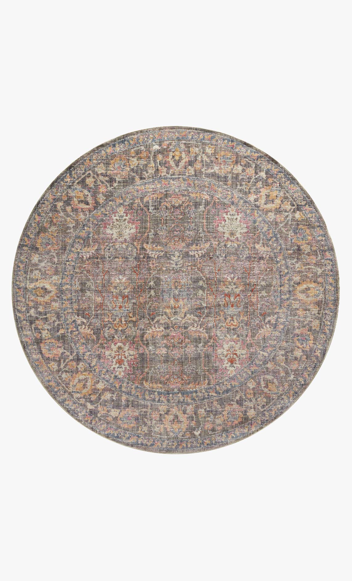 Round traditional rug with multicolor ornate pattern in stone and muted rust