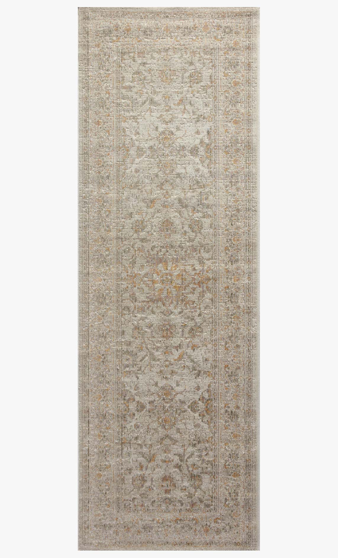 Rectangular ivory and natural traditional rug with distressed ornate pattern