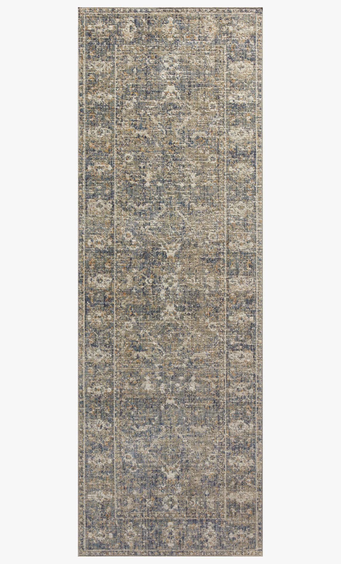 Tall rectangular sand and blue traditional rug with dense ornate distressed pattern