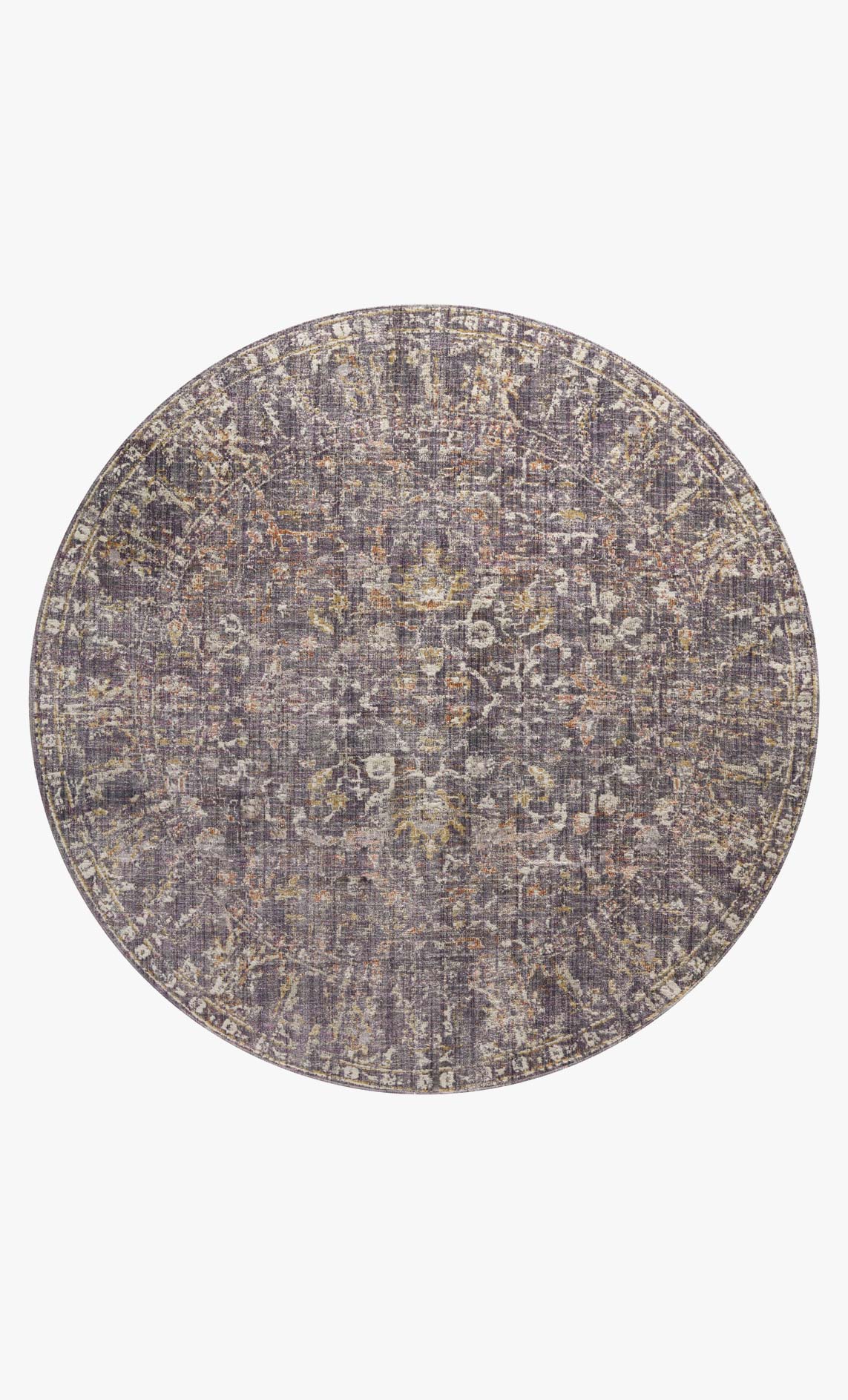 Traditional power-loomed round rug with distressed multicolor geometric pattern on graphite
