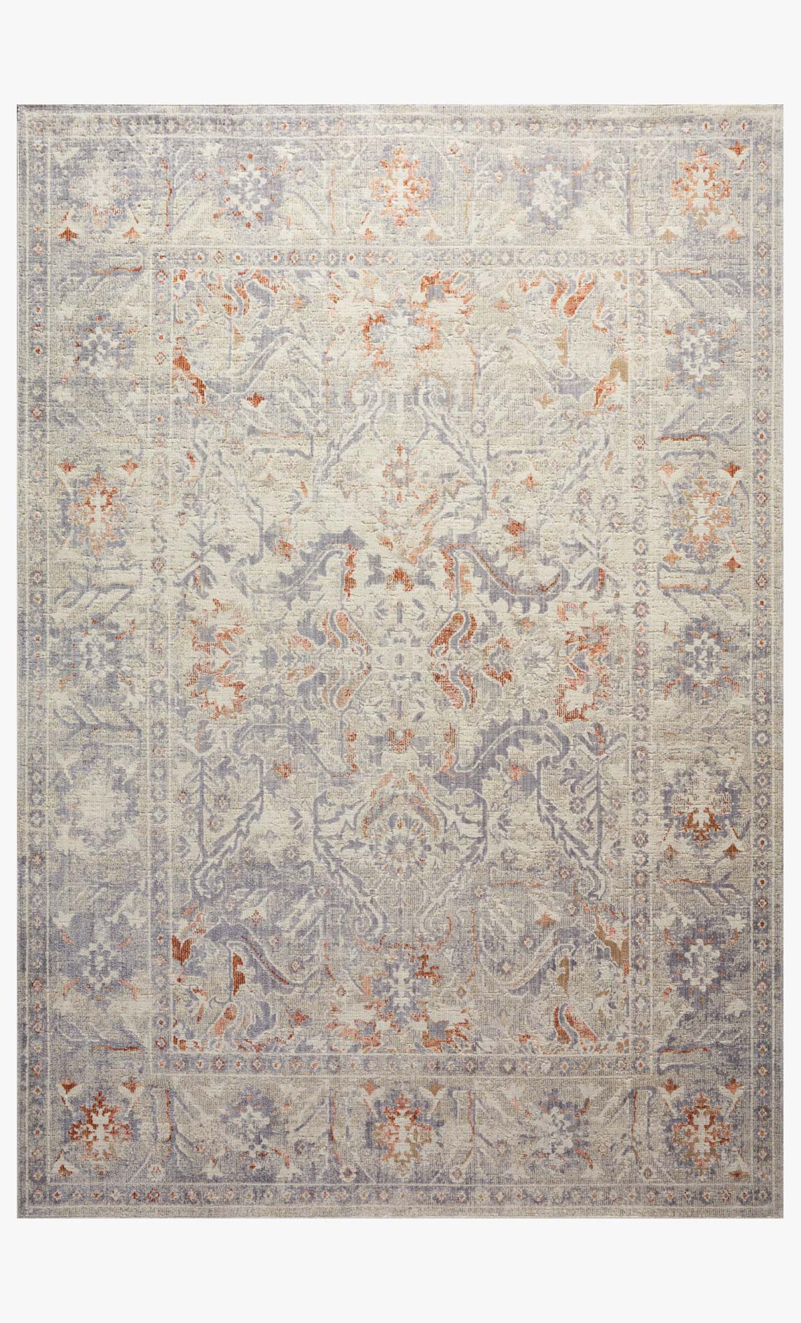 Traditional power-loomed rug, oatmeal base with lavender and orange ornate floral pattern