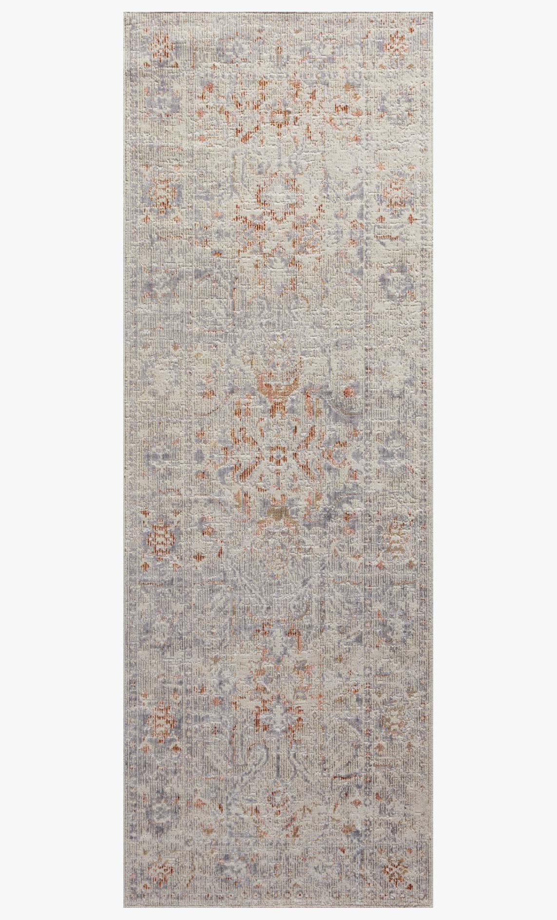 Traditional power-loomed rug with vertical rectangular border, oatmeal and lavender floral design
