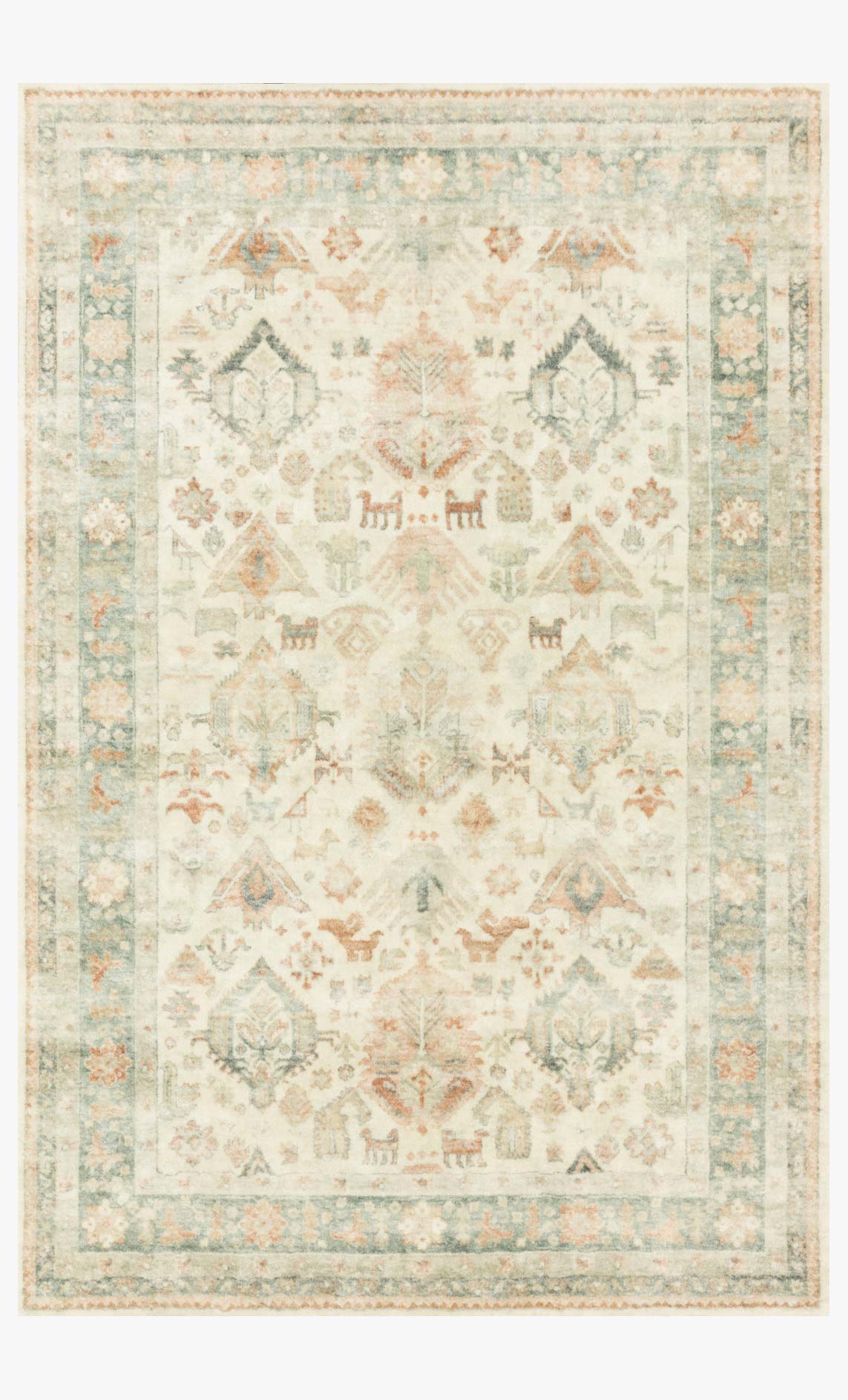Beige traditional area rug with pastel distressed medallion pattern and light border