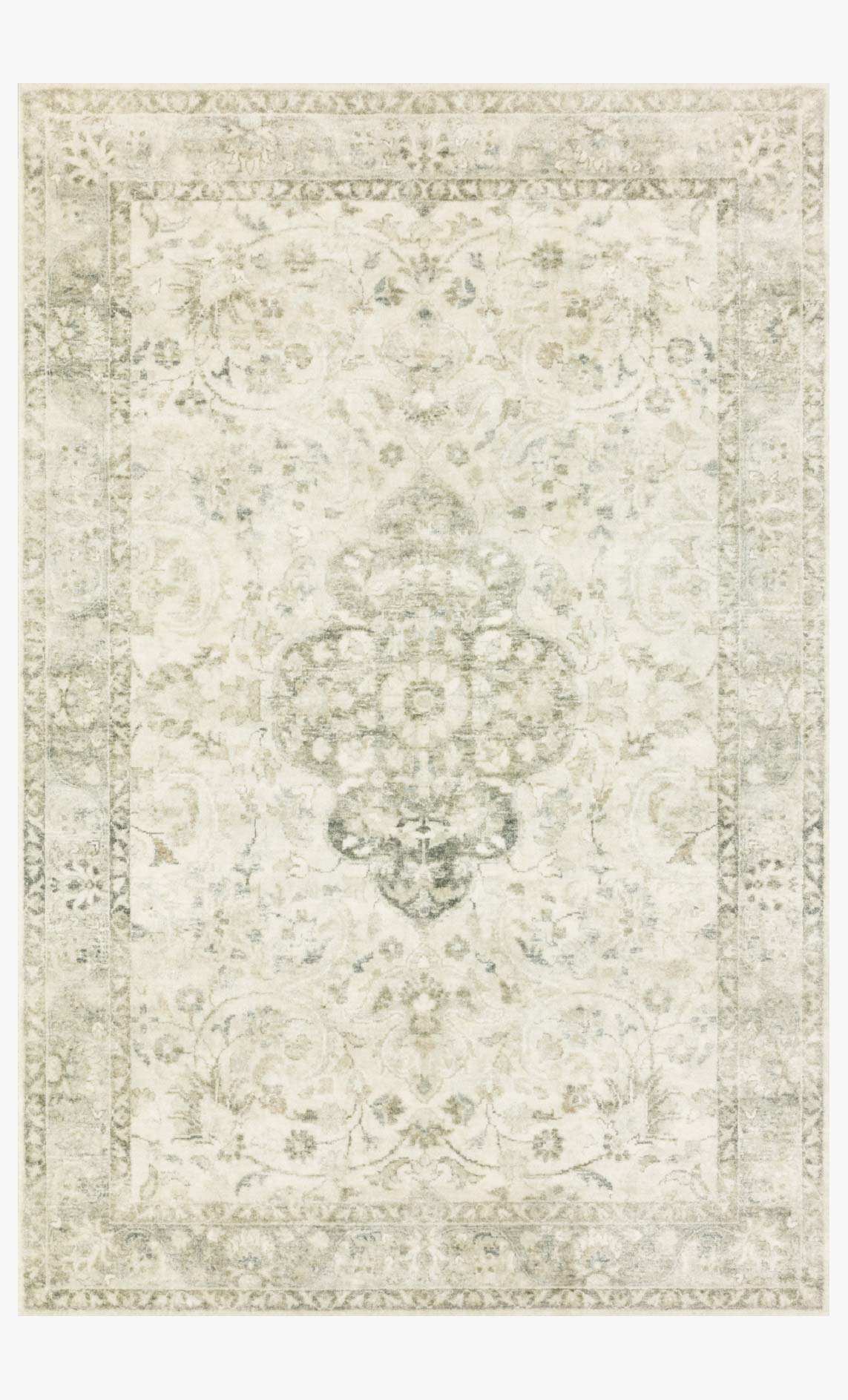 Traditional power-loomed rug with ivory floral medallion pattern and silver accents