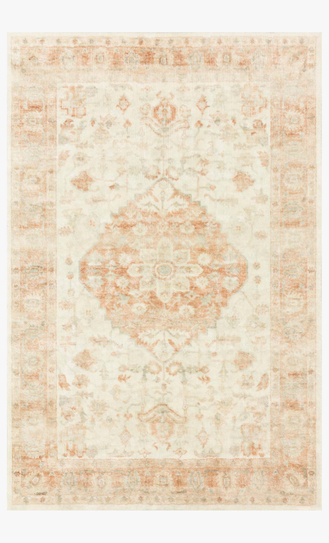 Ivory traditional power-loomed rug with medallion motifs and terracotta accents, bordered