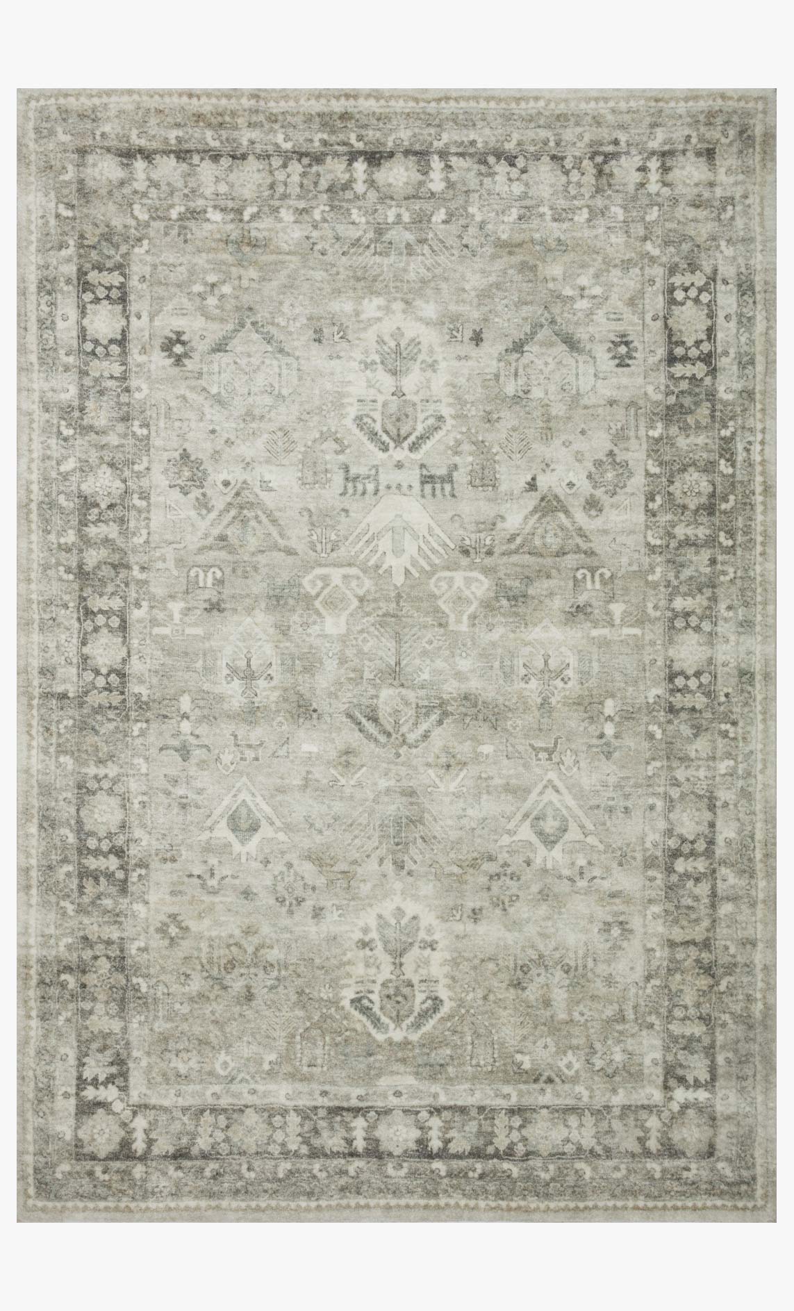 Steel-gray power-loomed rug with ornate medallion center and wide patterned border