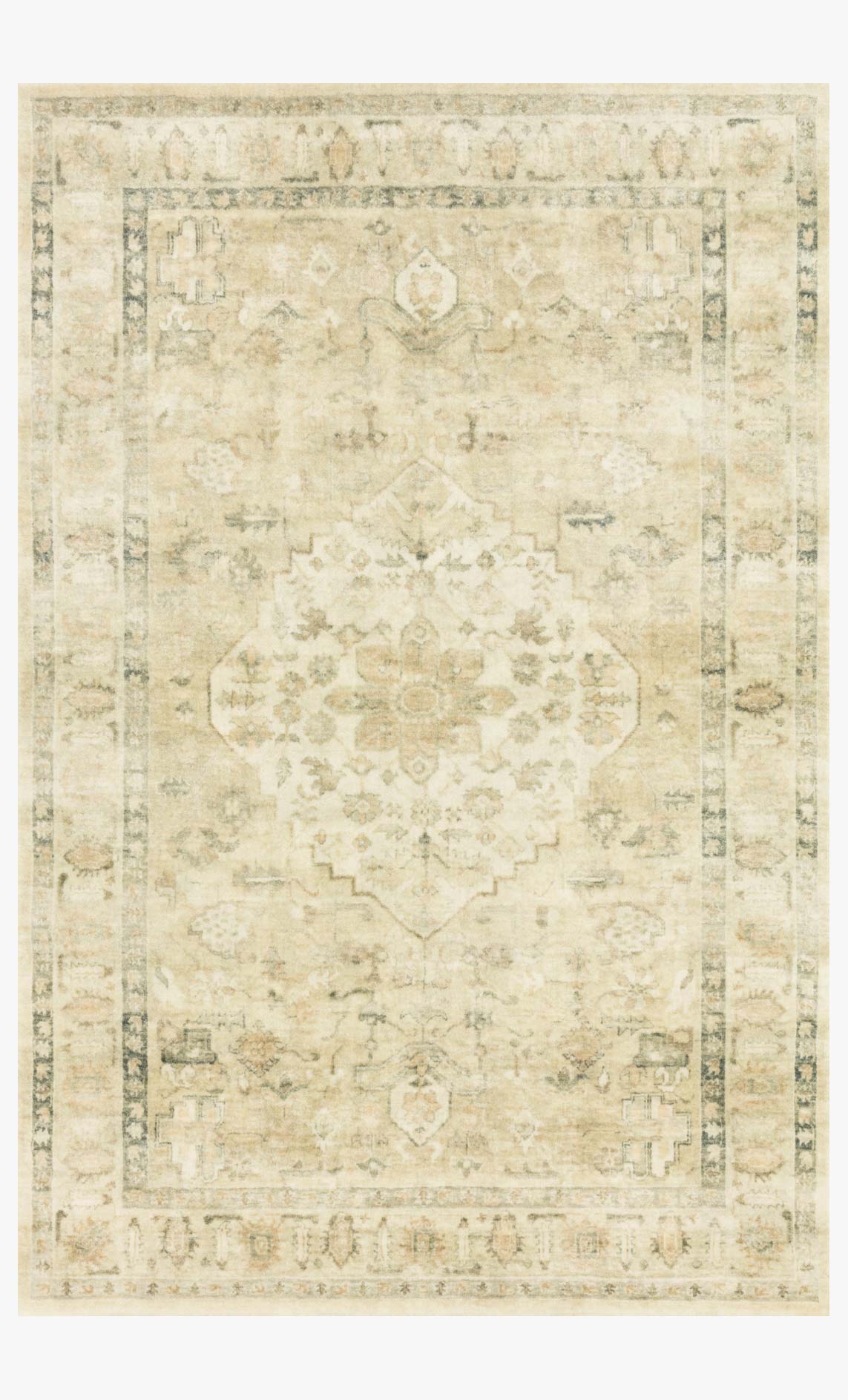 Sand and ivory traditional area rug with ornate medallion pattern border detail