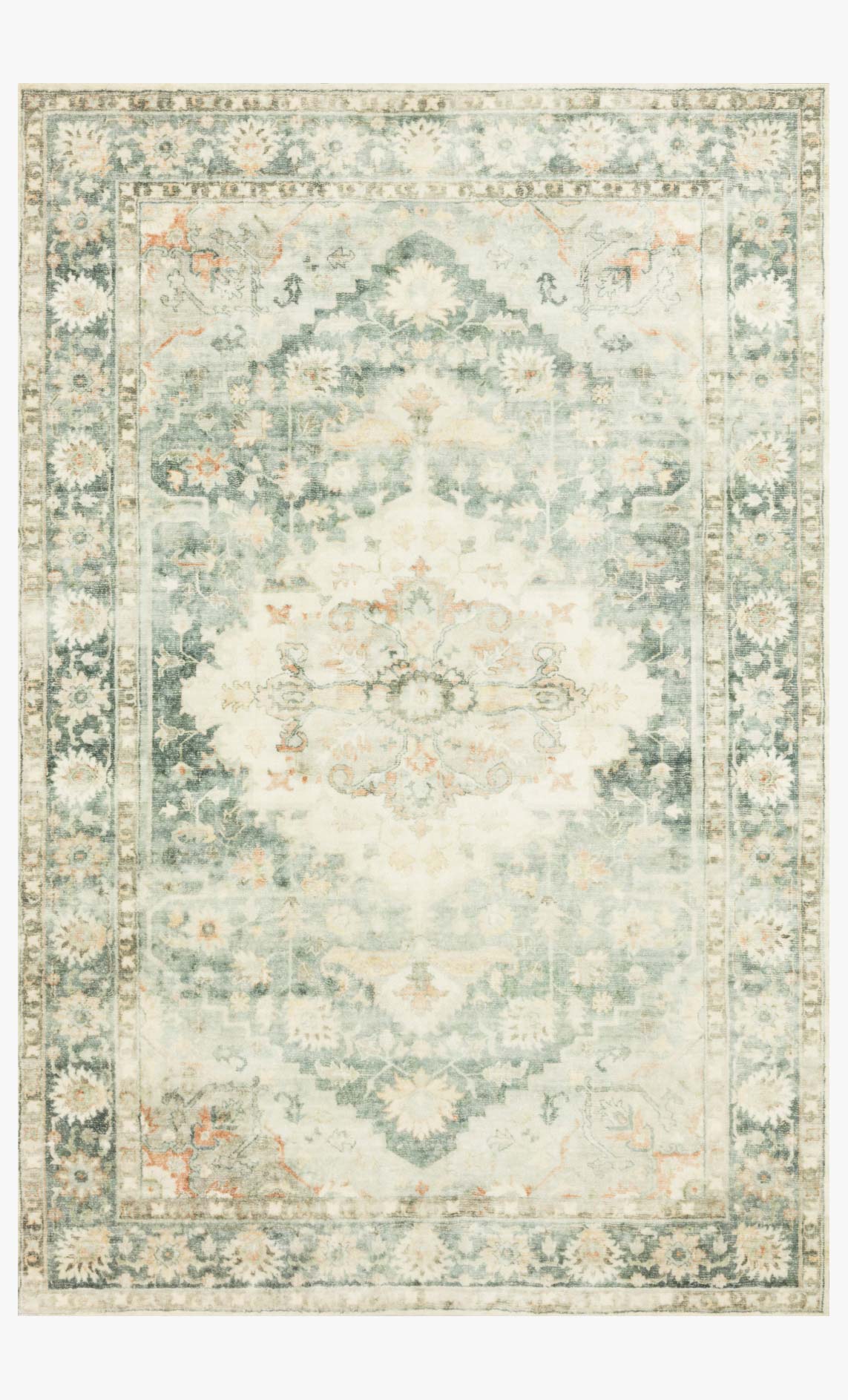 Teal and ivory traditional power-loomed area rug with ornate border pattern.