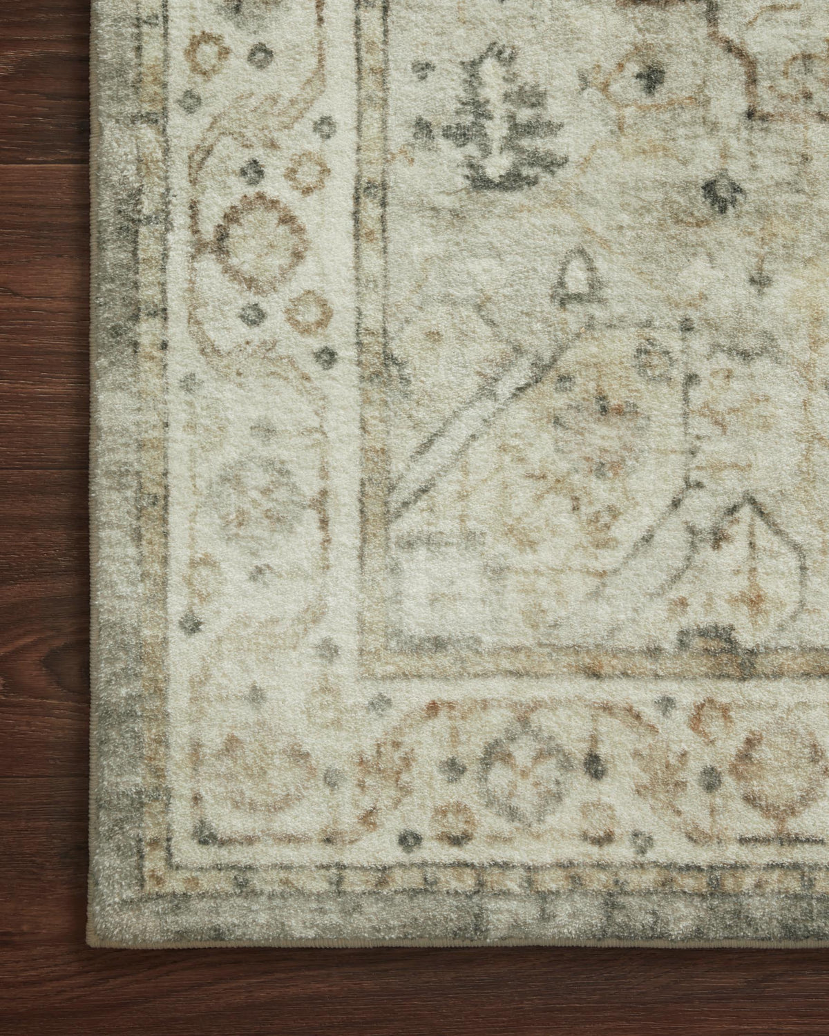 Close-up of sage and beige rug border with distressed ornament and paneling.