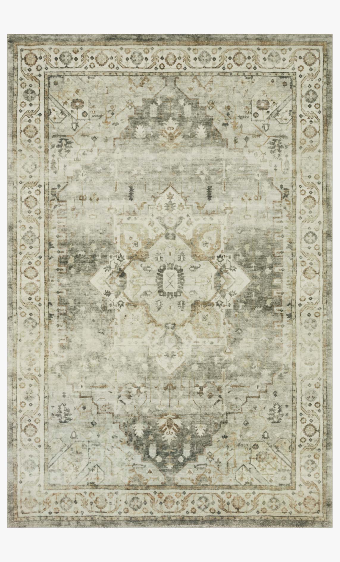 Traditional power-loomed rug with sage and beige distressed medallion pattern, bordered.