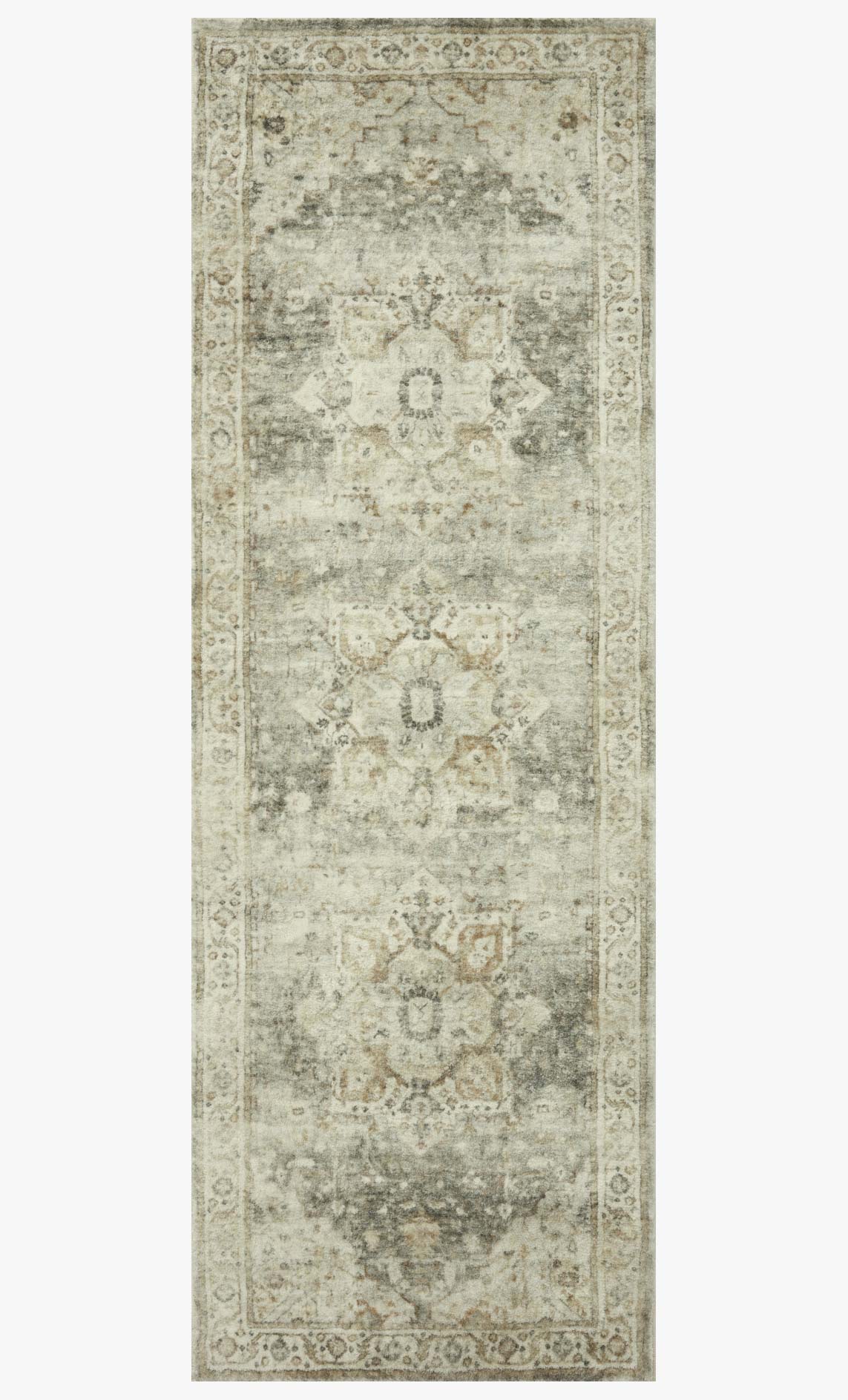 Sage and beige traditional rug with two medallion designs and detailed border.