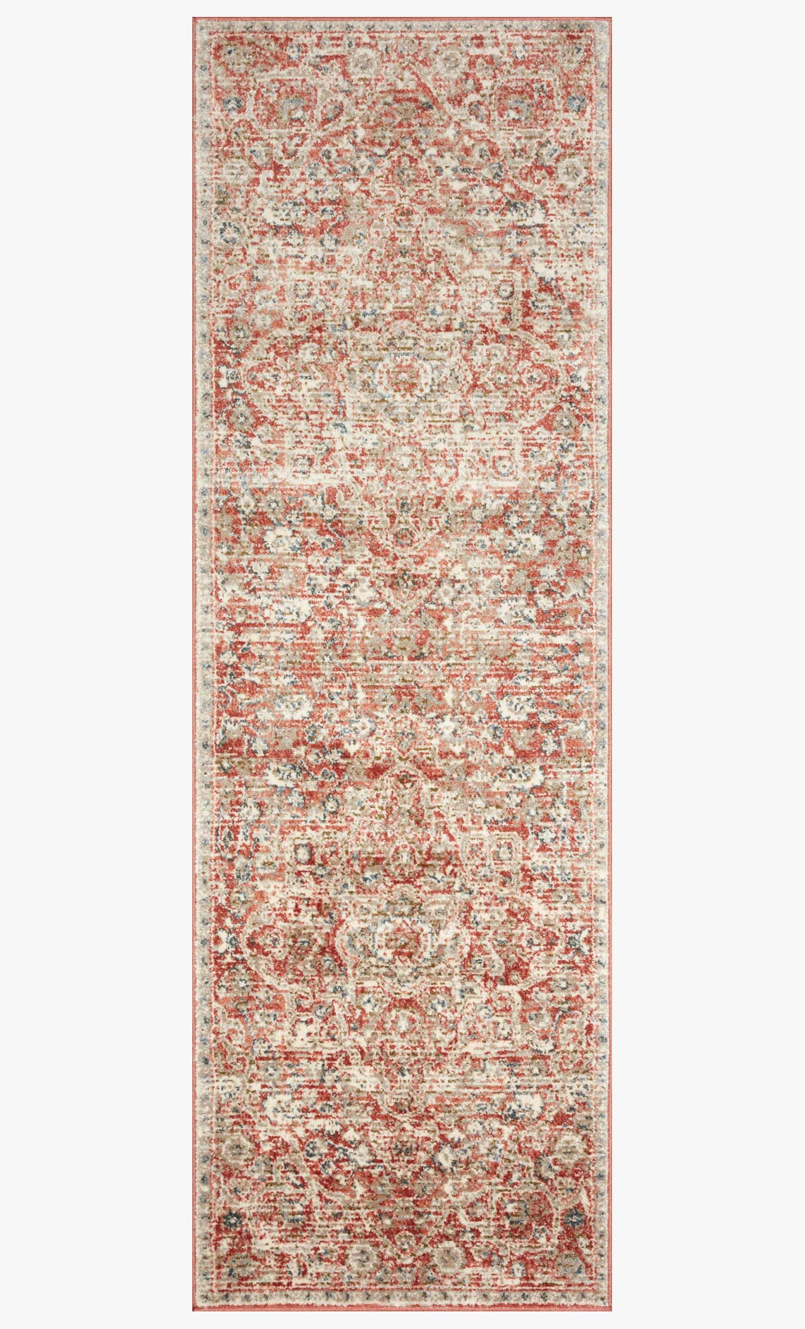 Rust and beige rectangular area rug with ornate distressed pattern