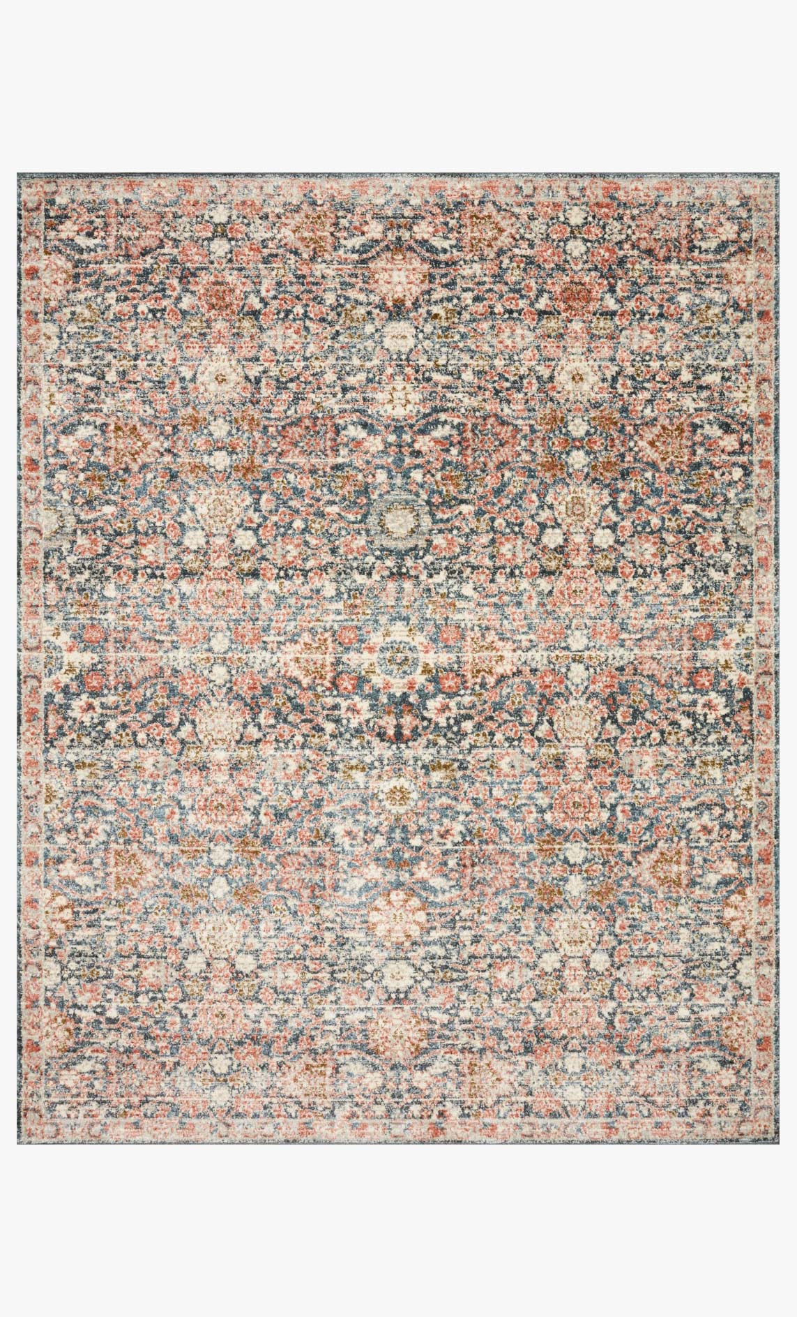 Traditional power-loomed area rug with vintage distressed pattern in navy and rust