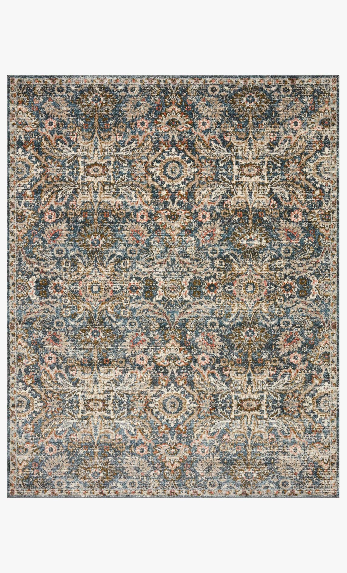 Blue and sand traditional area rug with ornate medallion pattern, power-loomed.