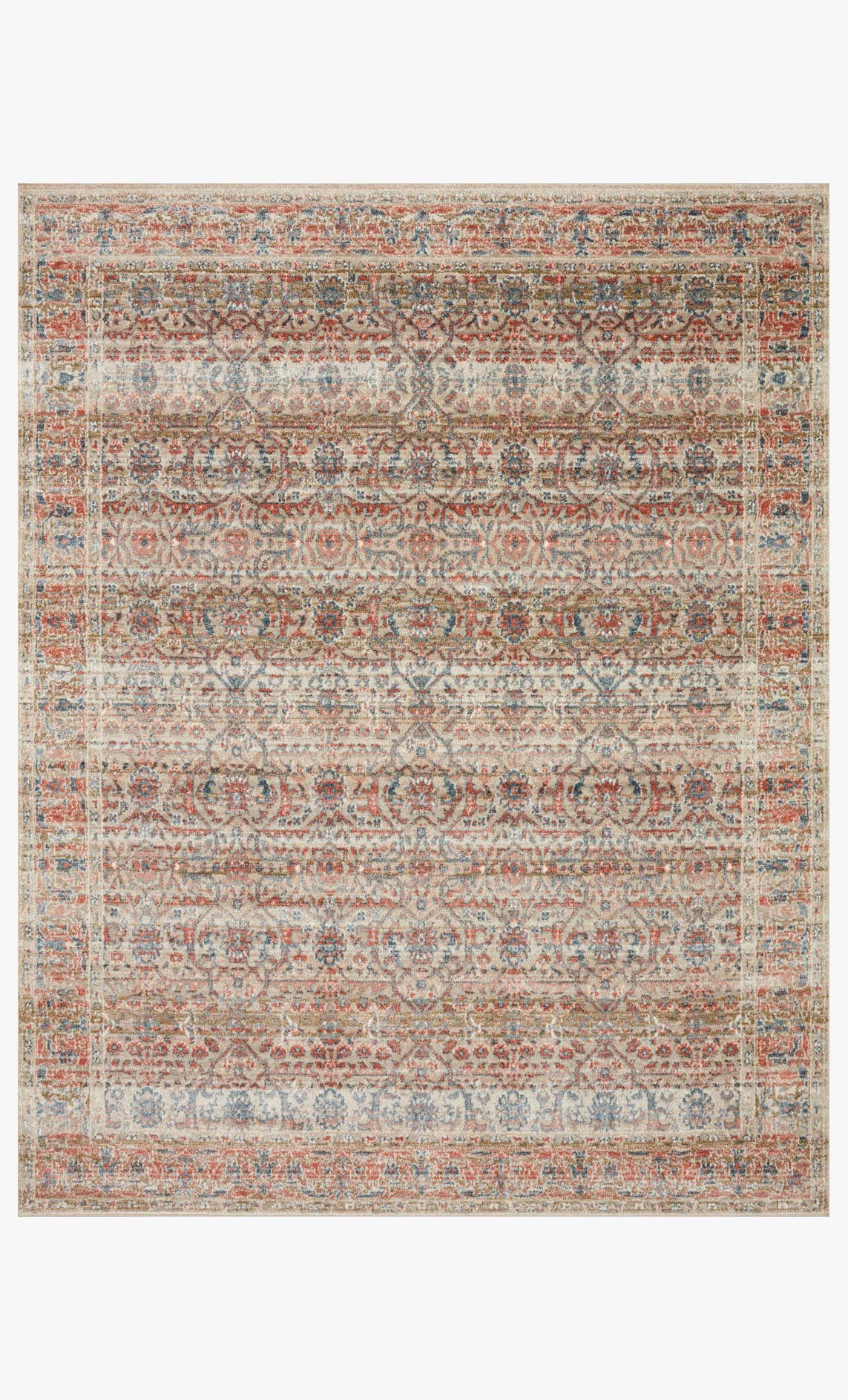 Traditional power-loomed area rug in sand with rust and blue patterned motifs