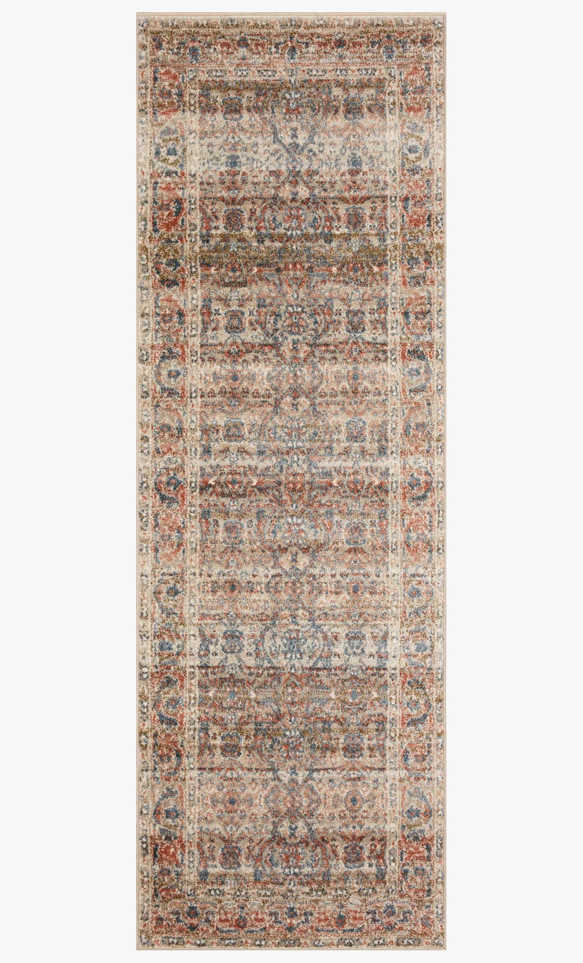 Rectangular traditional rug with dense sand, rust, and blue motif design
