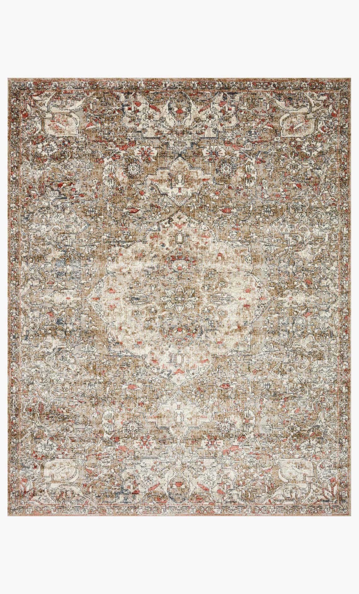 Traditional power loomed rug with ornate beige, tan, and multicolor pattern