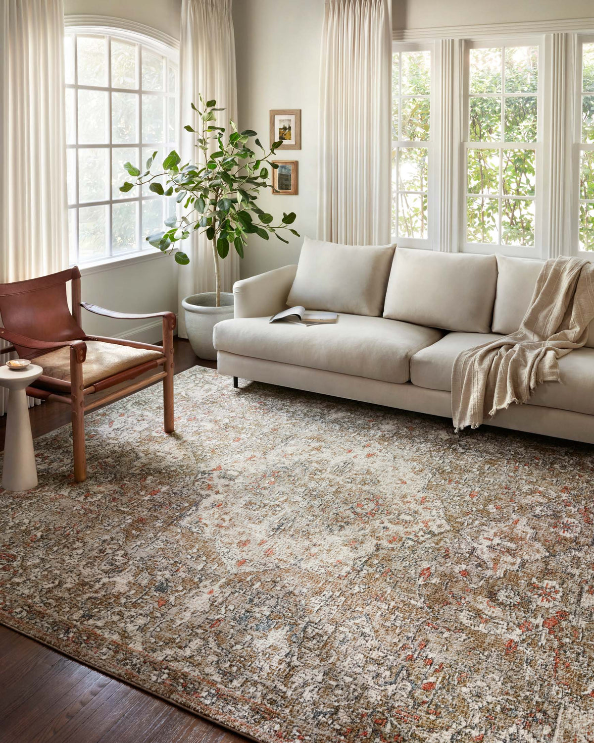 Beige, gray, and rust speckled area rug with ornate center medallion pattern.