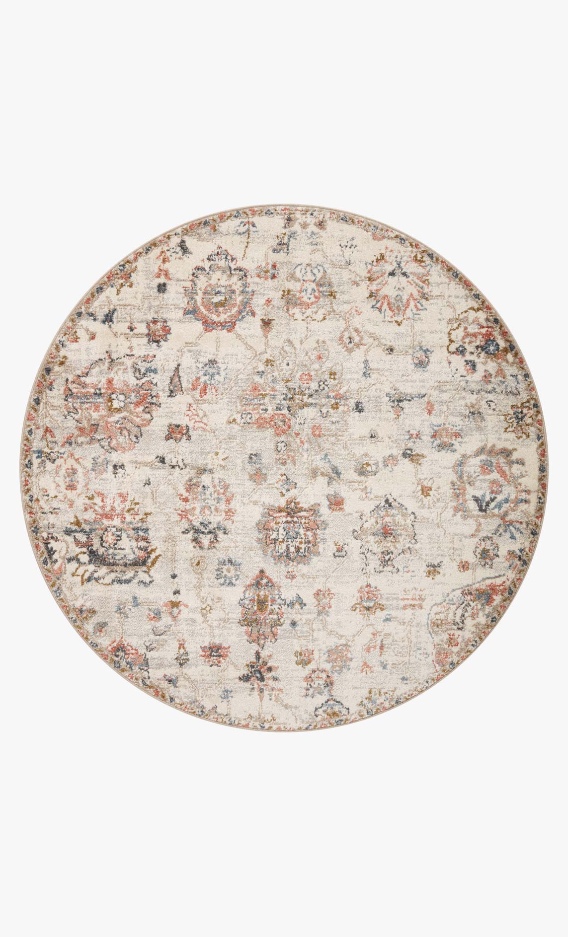 Ivory round rug with multicolor scattered motifs and ornate central medallion