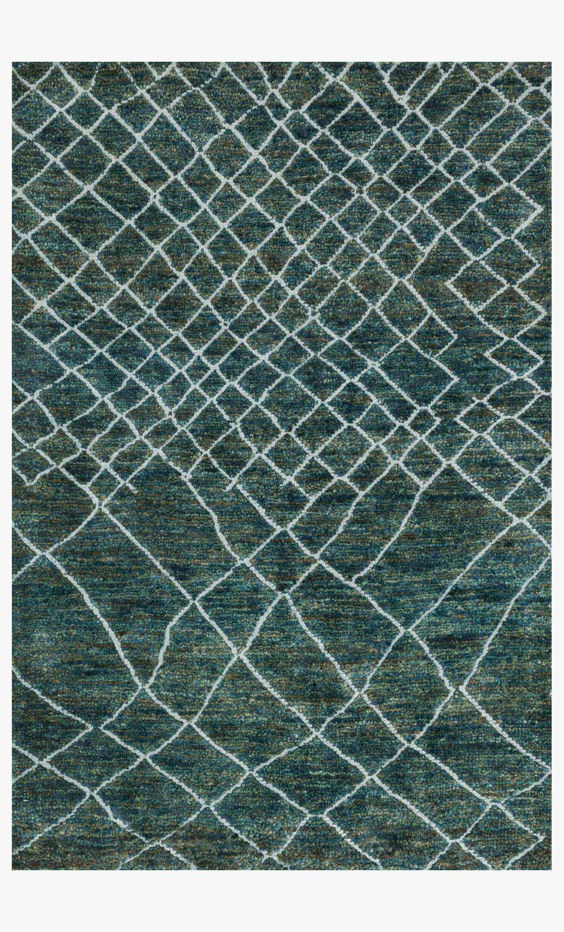 Teal transitional hand-knotted rug with white lattice diamond pattern