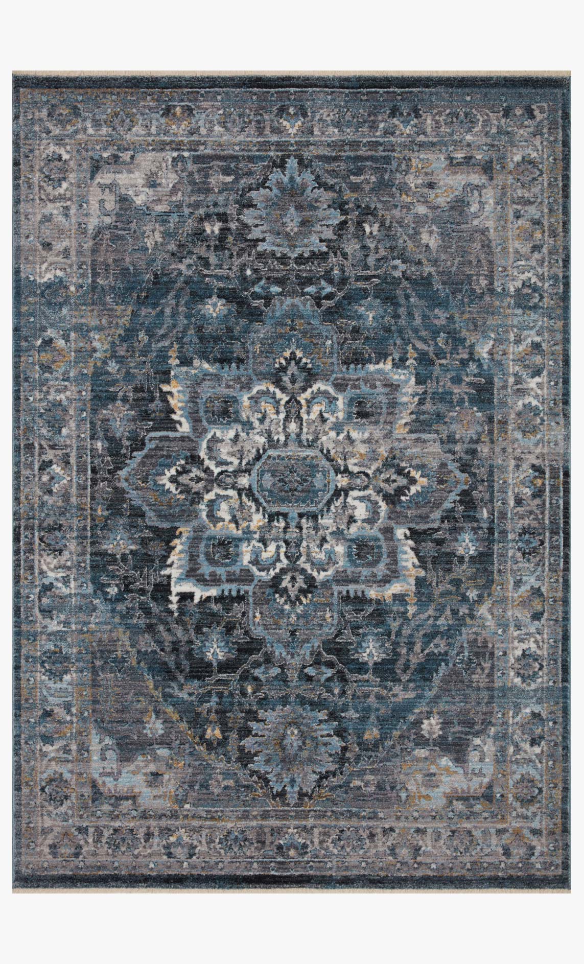 Denim and grey power-loomed area rug with central medallion pattern