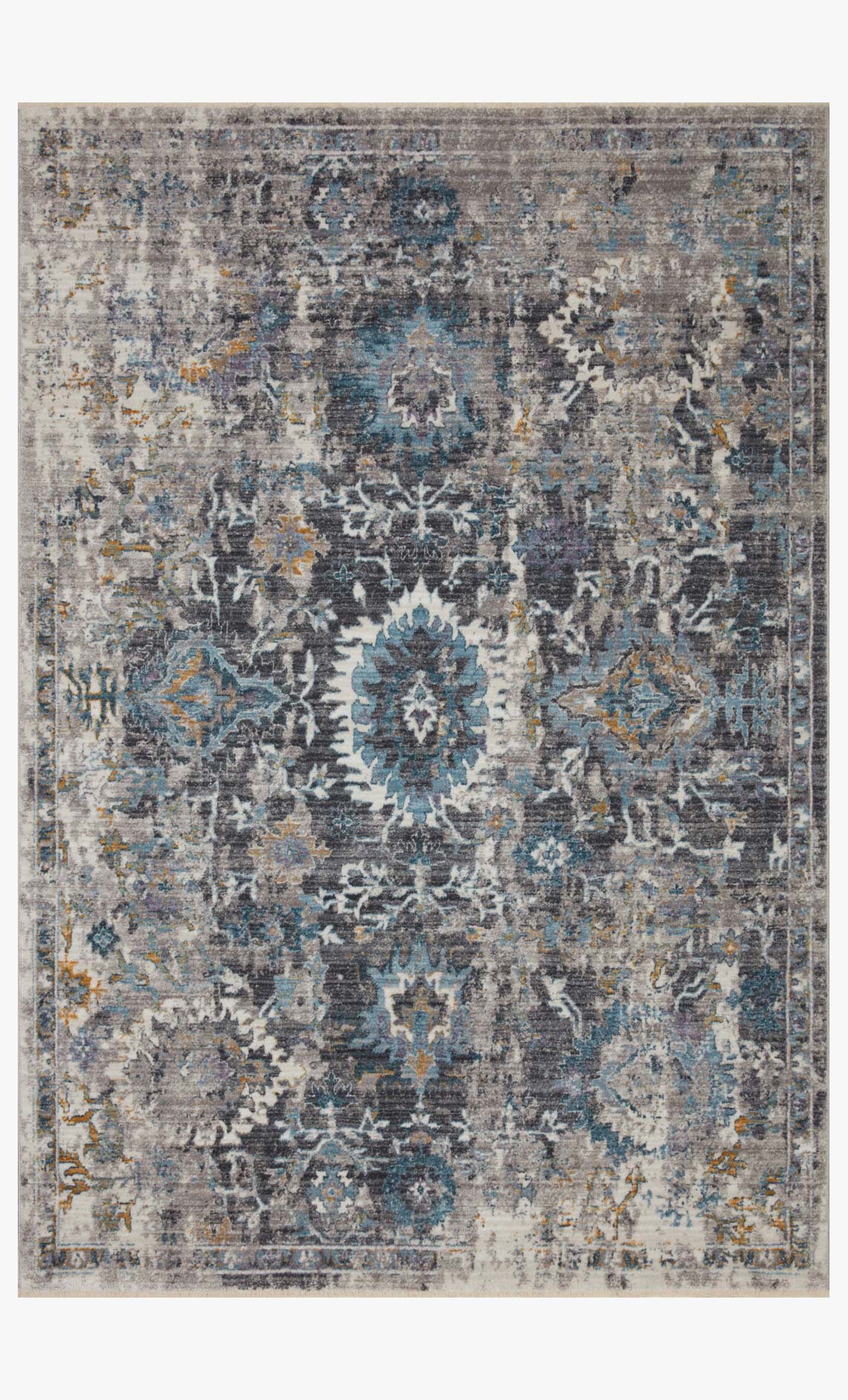 Grey transitional power-loomed rug with blue and gold patterned motifs and border edge