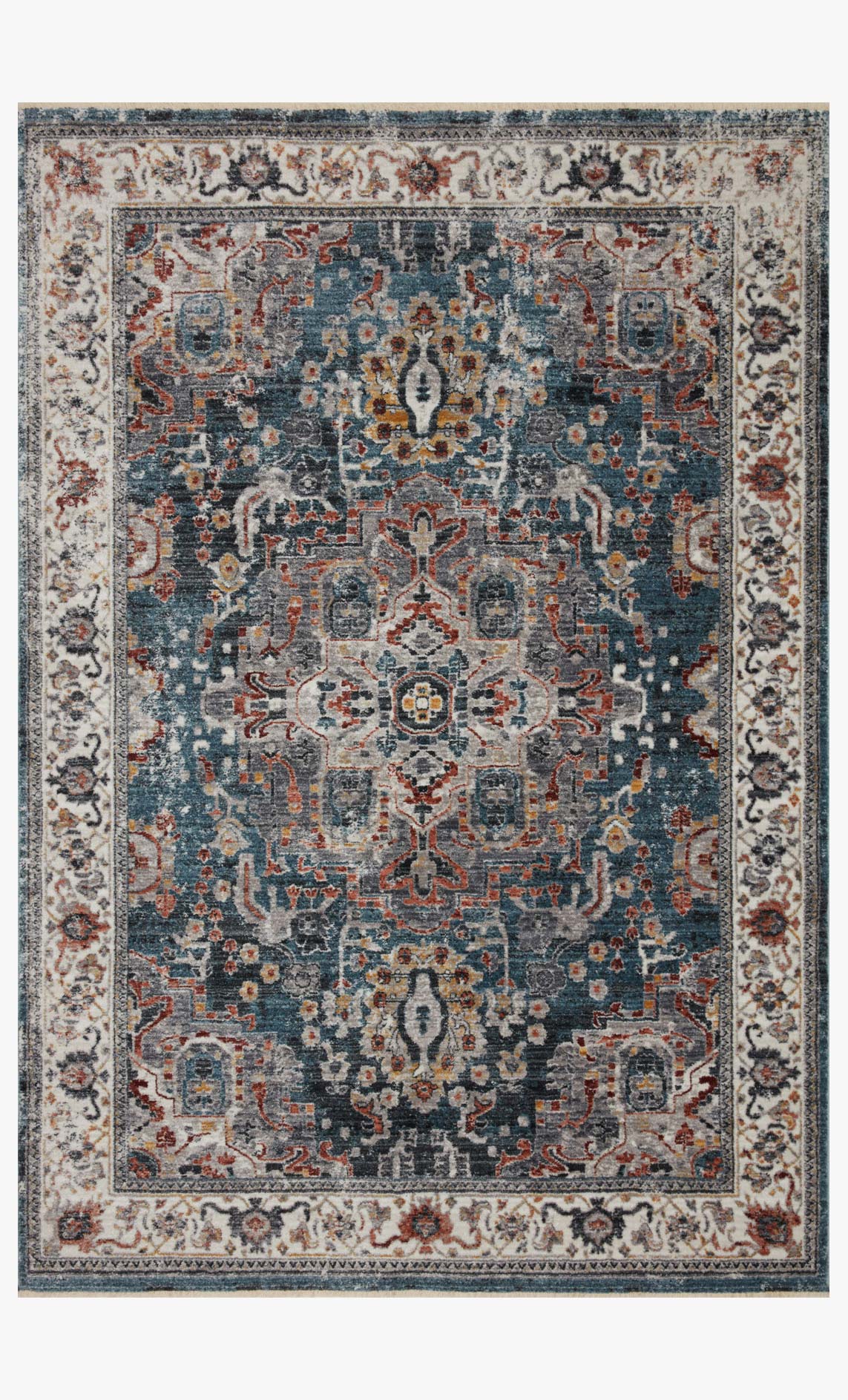 Transitional power-loomed rug with ornate slate-blue, cream, and rust medallion pattern
