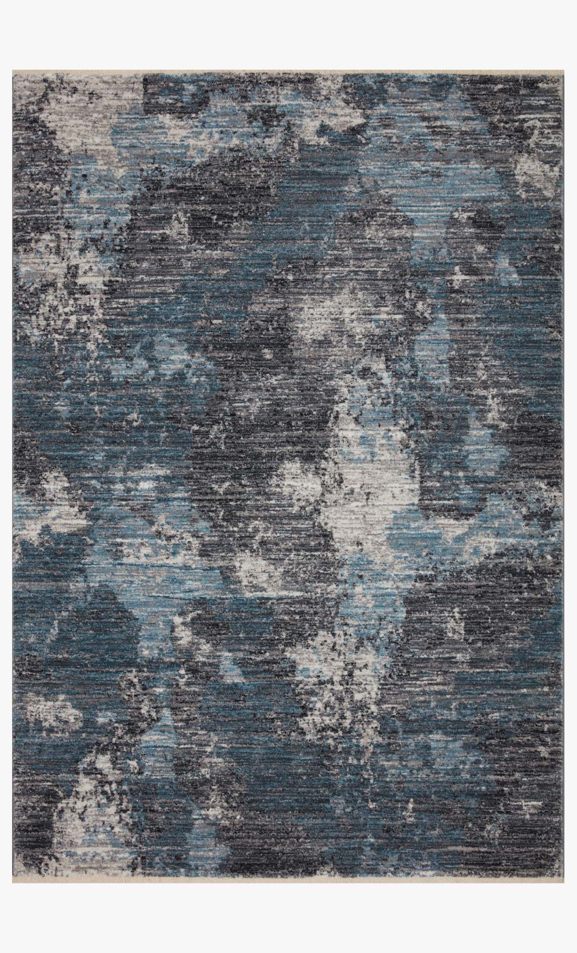 Transitional area rug with blue and dove abstract distressed pattern, rectangular.