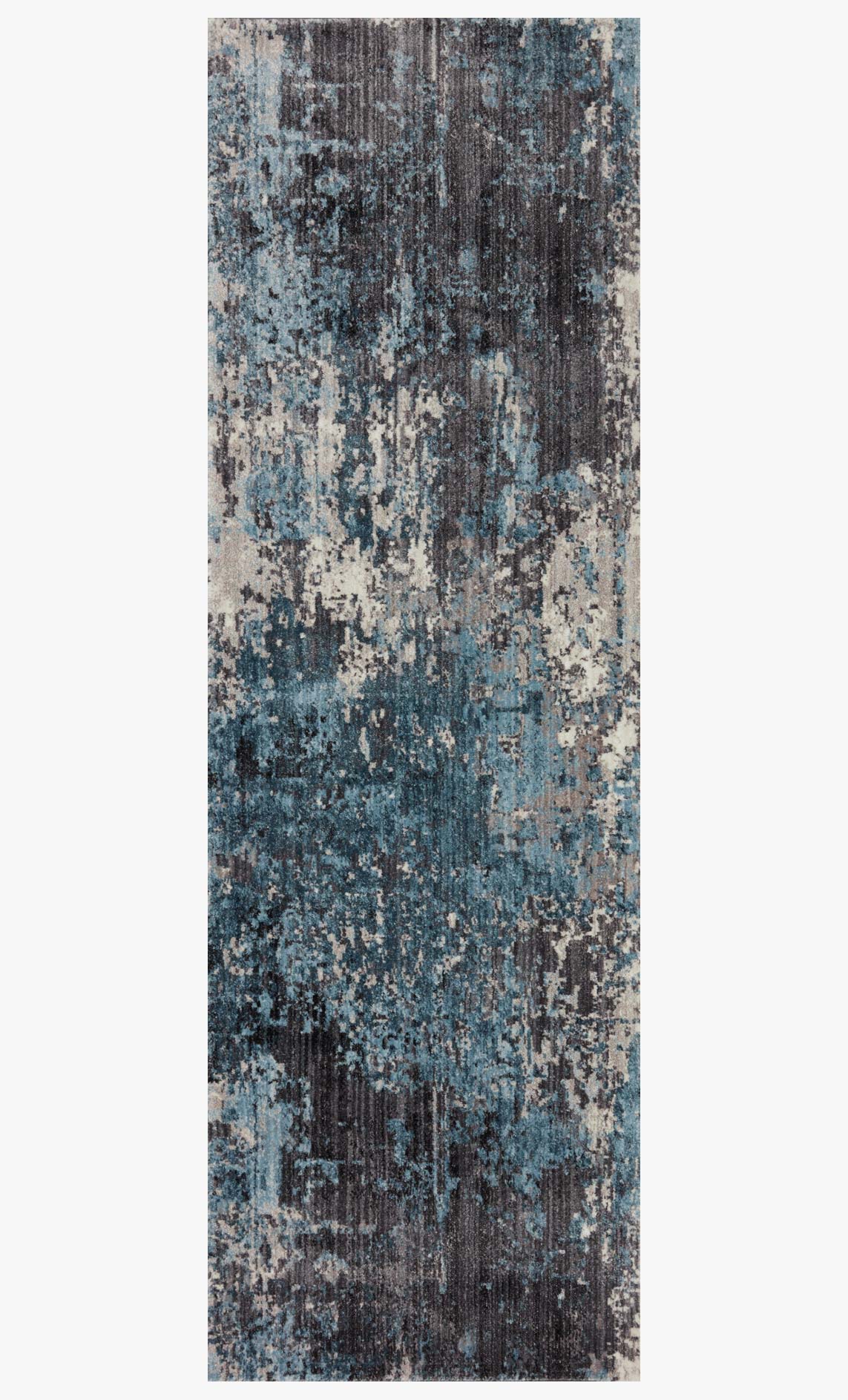 Charcoal-and-sky abstract rug with tall, distressed pattern and textured surface
