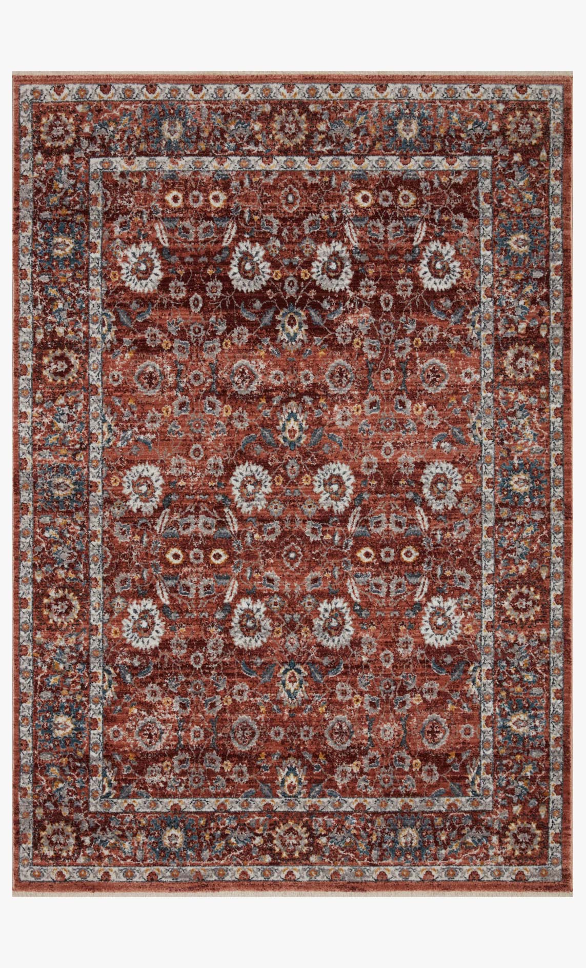 Transitional power loomed rug in brick red with ornate medallion and border pattern