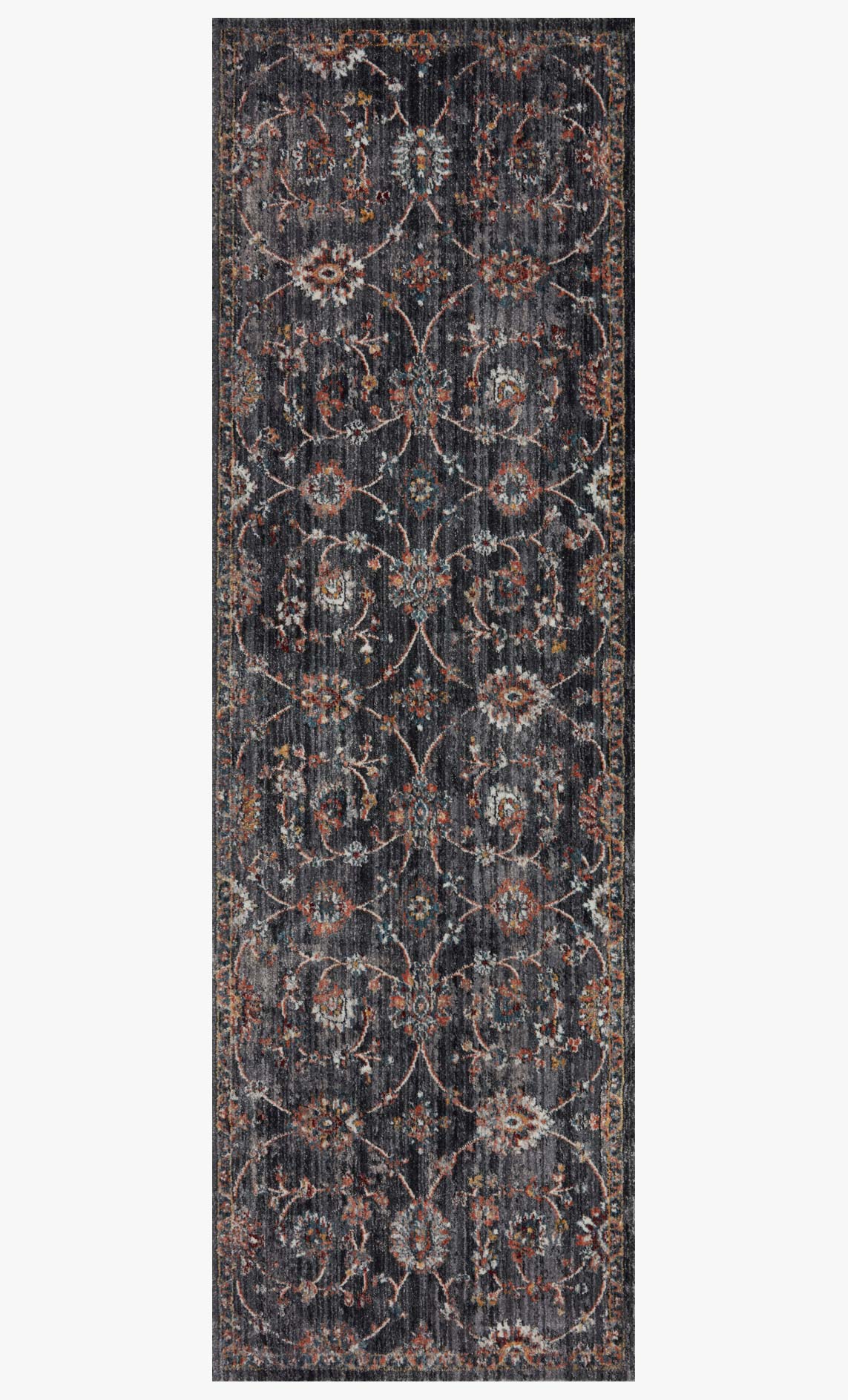 Charcoal transitional power-loomed rug with repeating ornate medallion pattern, multicolor