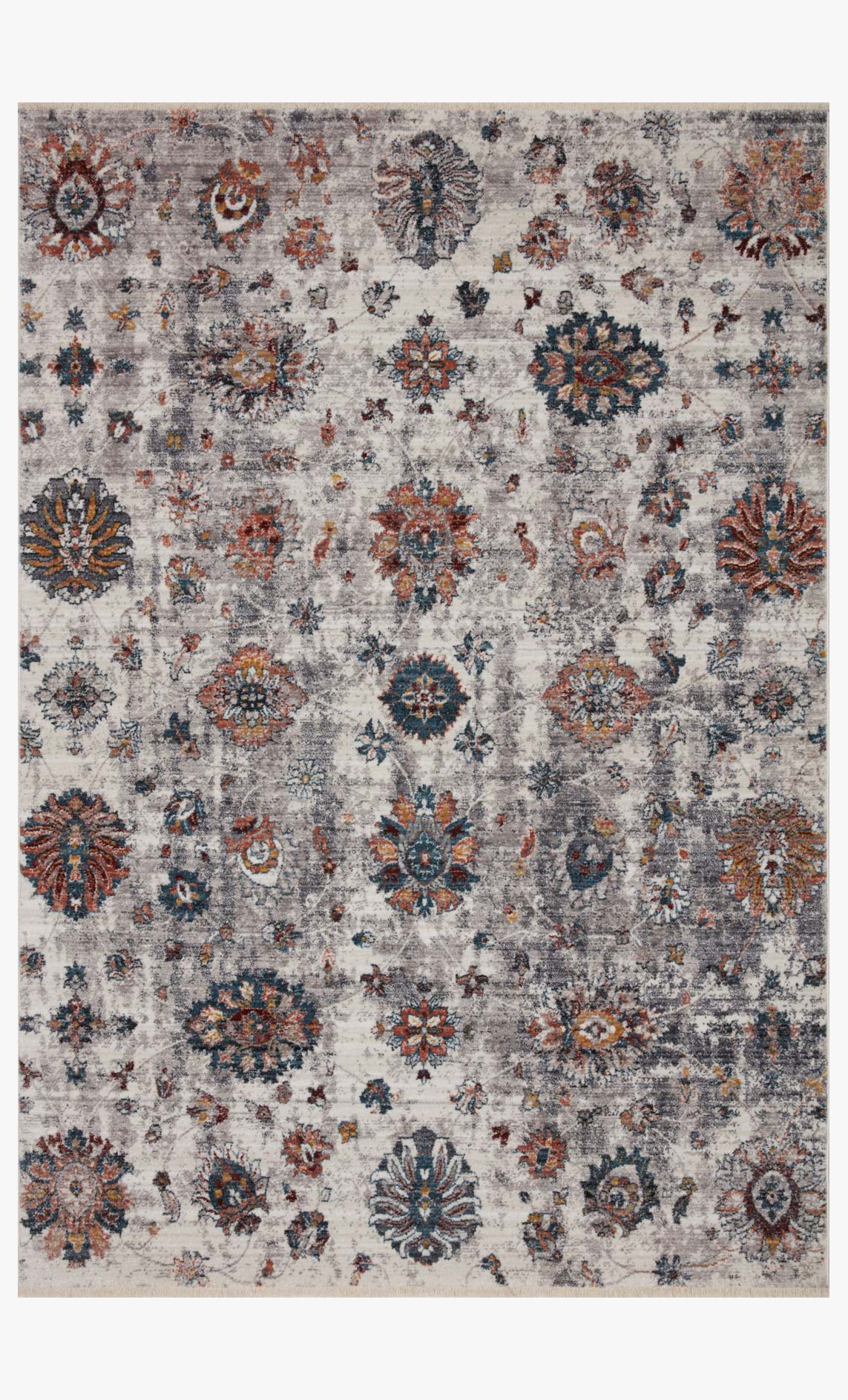 Ivory transitional power loomed rug with navy, orange, and teal medallion motifs.