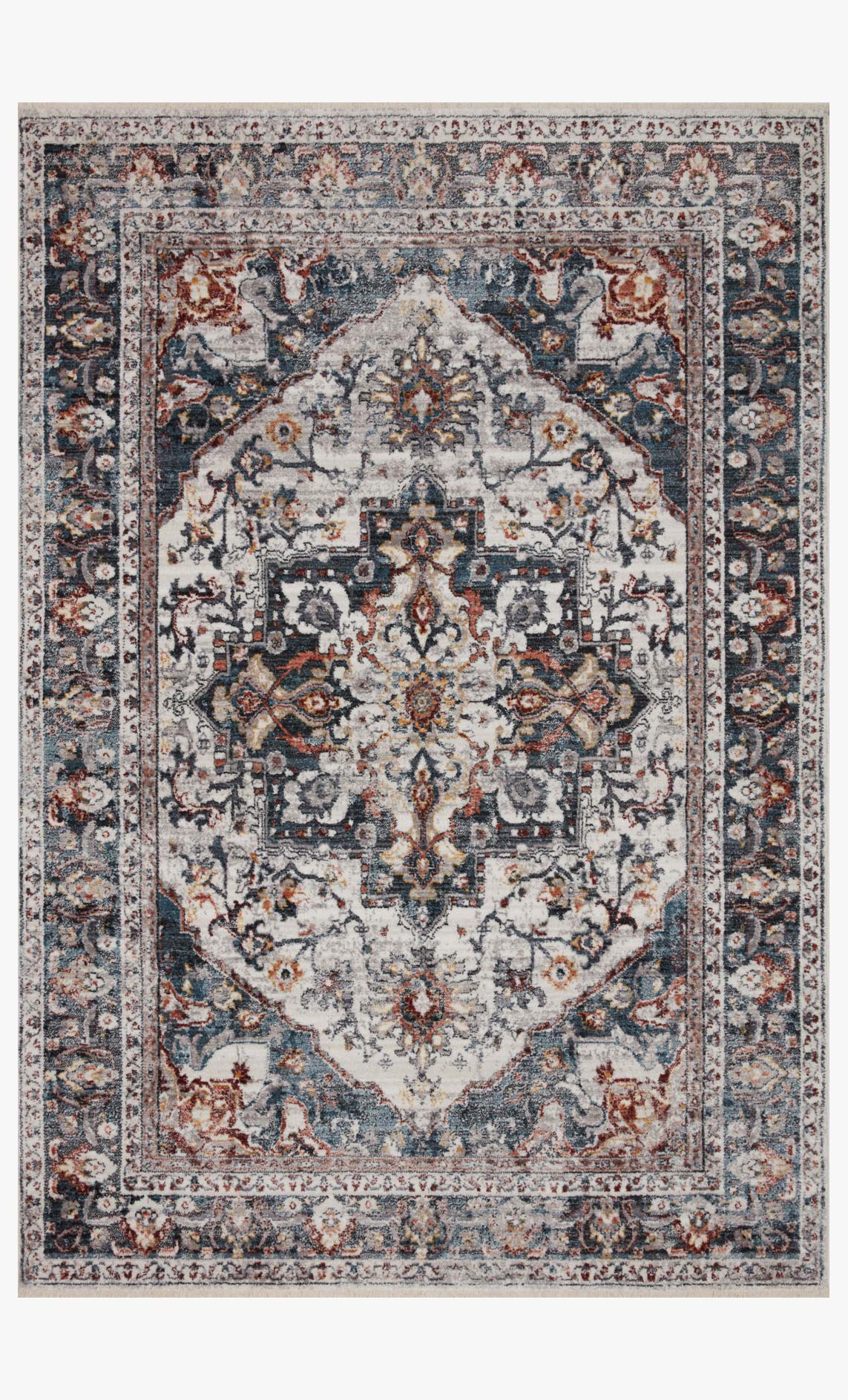 Transitional power-loomed rug in ivory and denim with navy medallion and border