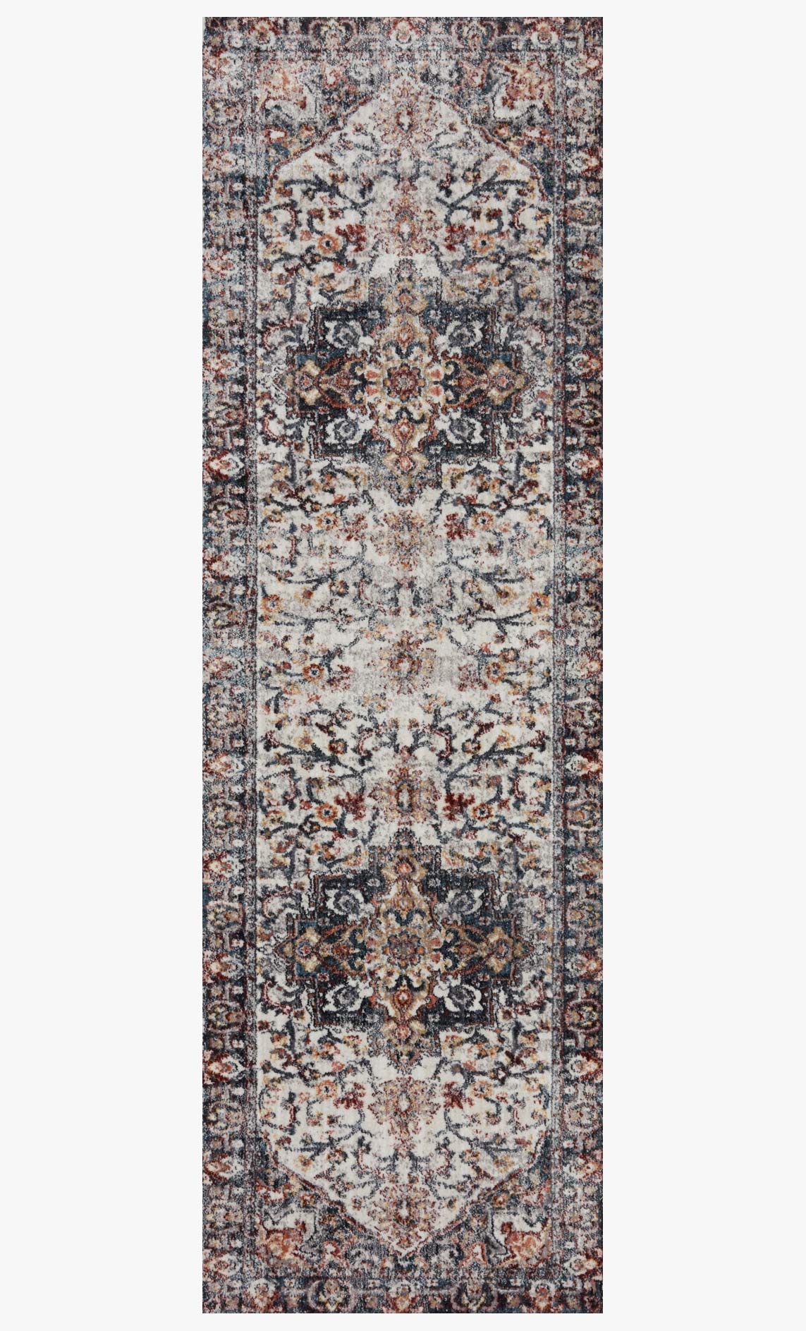 Transitional rug in ivory and denim with dense vintage medallion pattern