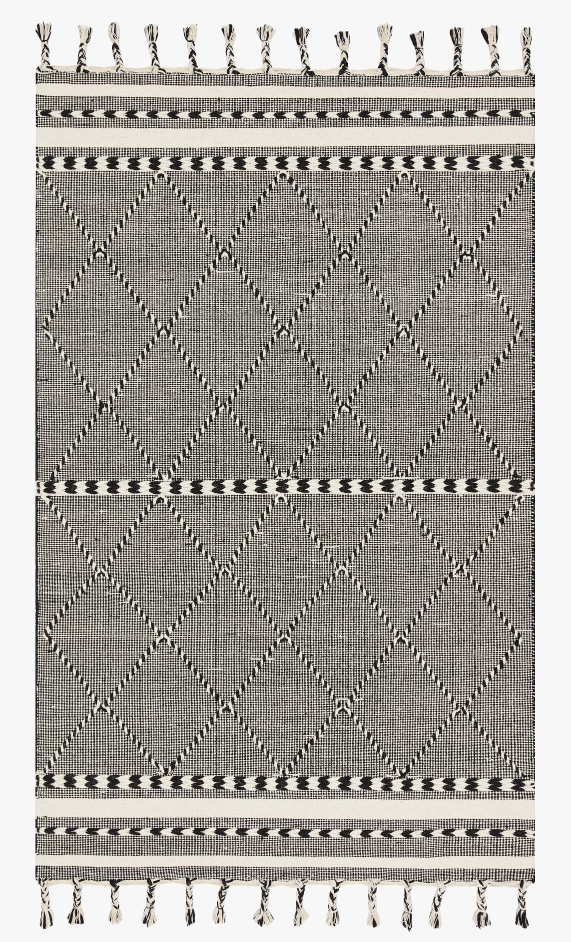 Contemporary hand-loomed rug with black and light gray diamond pattern, tasseled edge