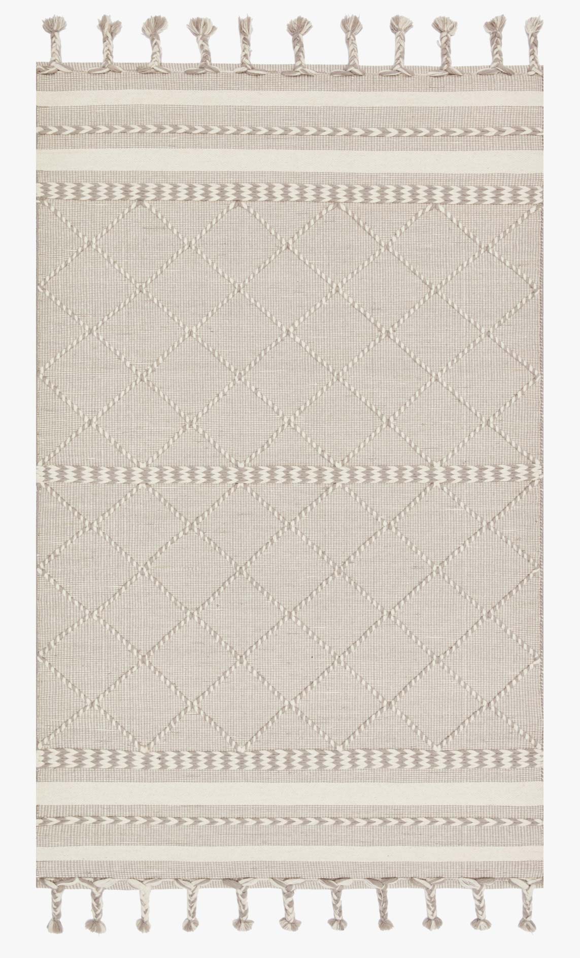 Silver hand-loomed area rug with diamond pattern, striped border, and fringe tassels