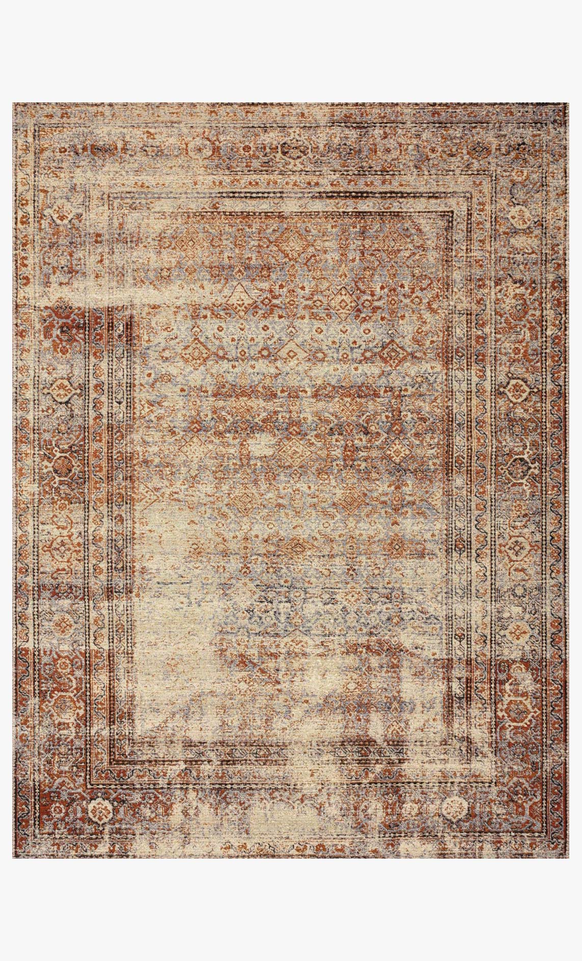 Traditional power-loomed rug with ornate border in natural and brick tones